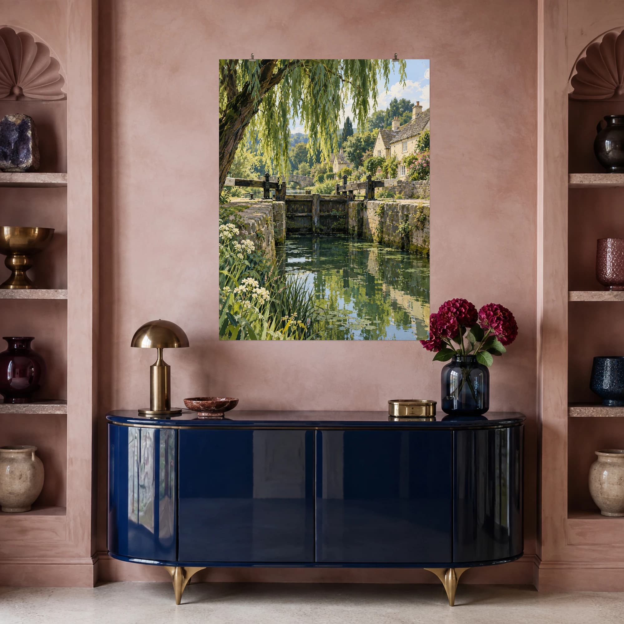 This gouache-style composition features a weathered wooden canal lock beneath willow branches with still green water and cream stone cottages. Expressive brushwork and a balanced palette bring warmth and character to your space.