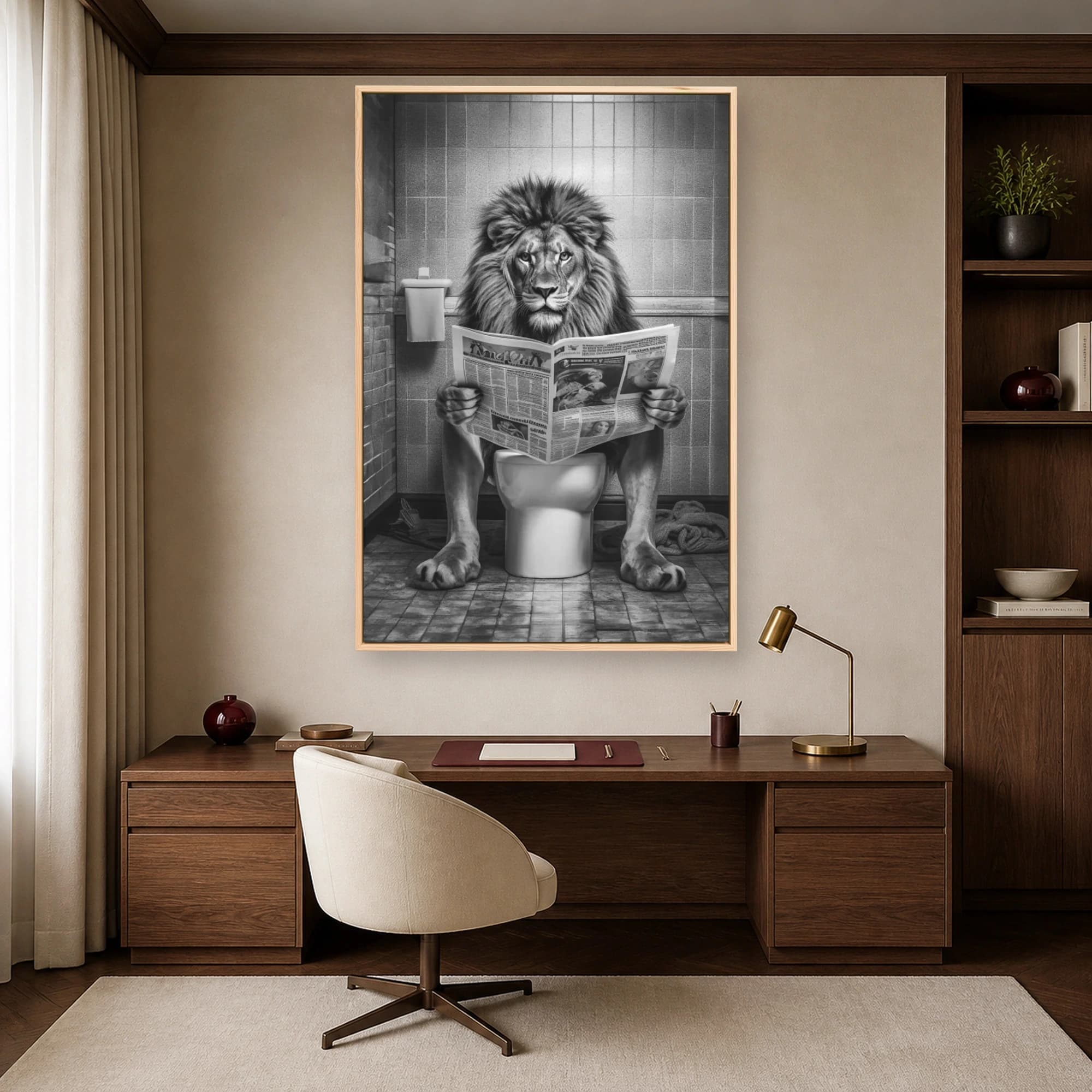 The Lion Reading Newspaper on Toilet Black and White Wall Art, view 6