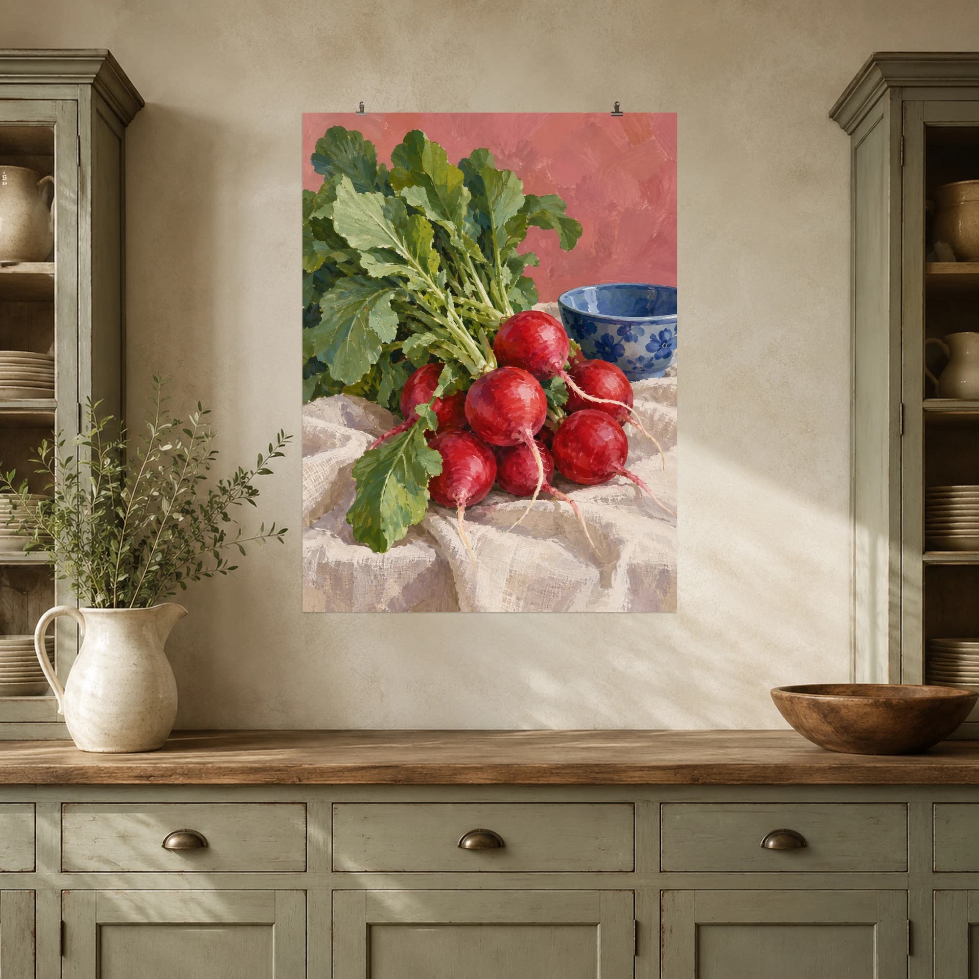 Fresh radishes and leafy greens rest on ivory linen in a colorful kitchen still life.