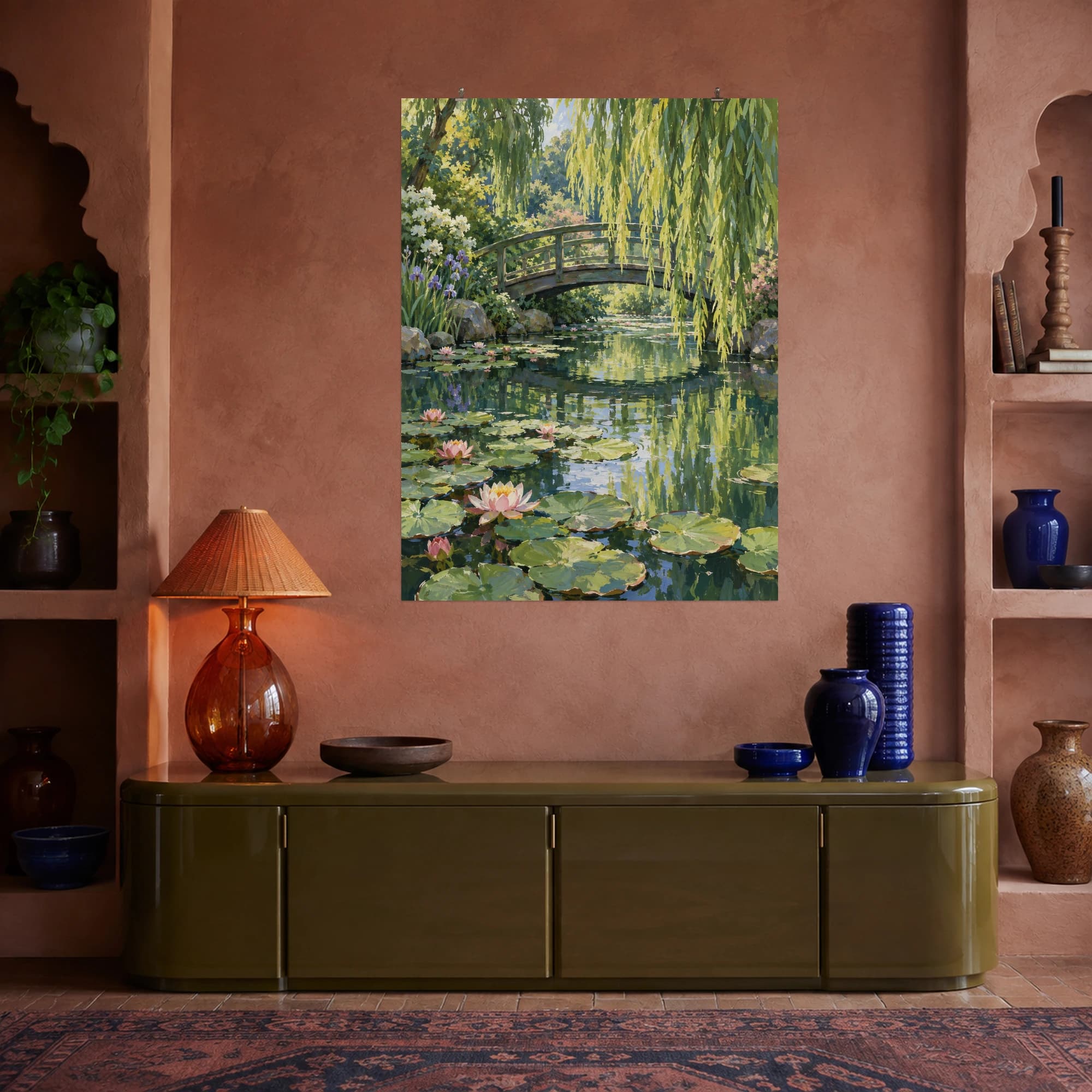 This gouache-style composition features a small arched wooden bridge over a pond of water lilies beneath weeping willow leaves in early summer. Expressive brushwork and carefully balanced color bring a distinctive focal point to your wall.
