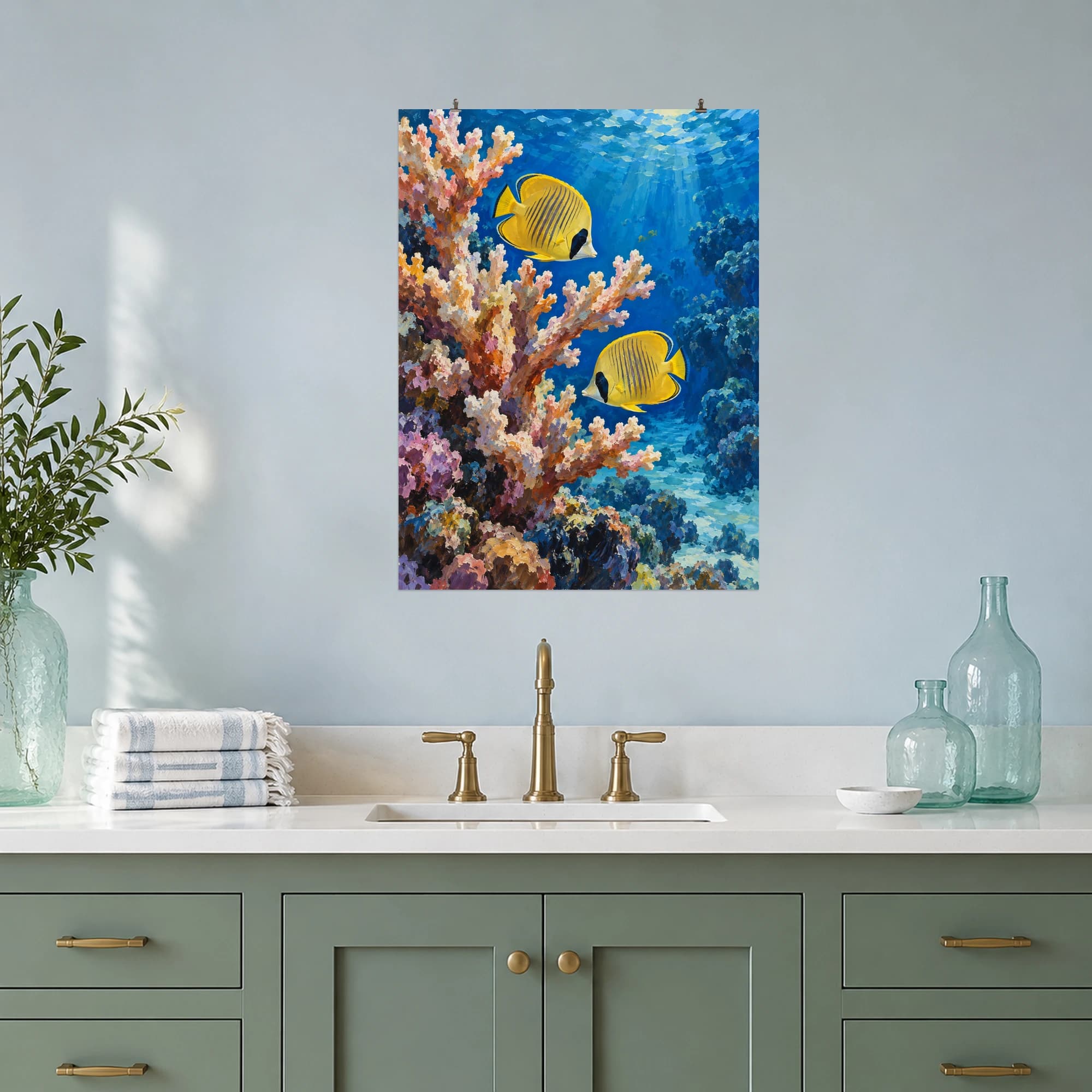 This gouache-style composition features two yellow butterflyfish weaving around a branching coral formation in a deep azure lagoon. Expressive brushwork and a balanced palette bring warmth and character to your space.