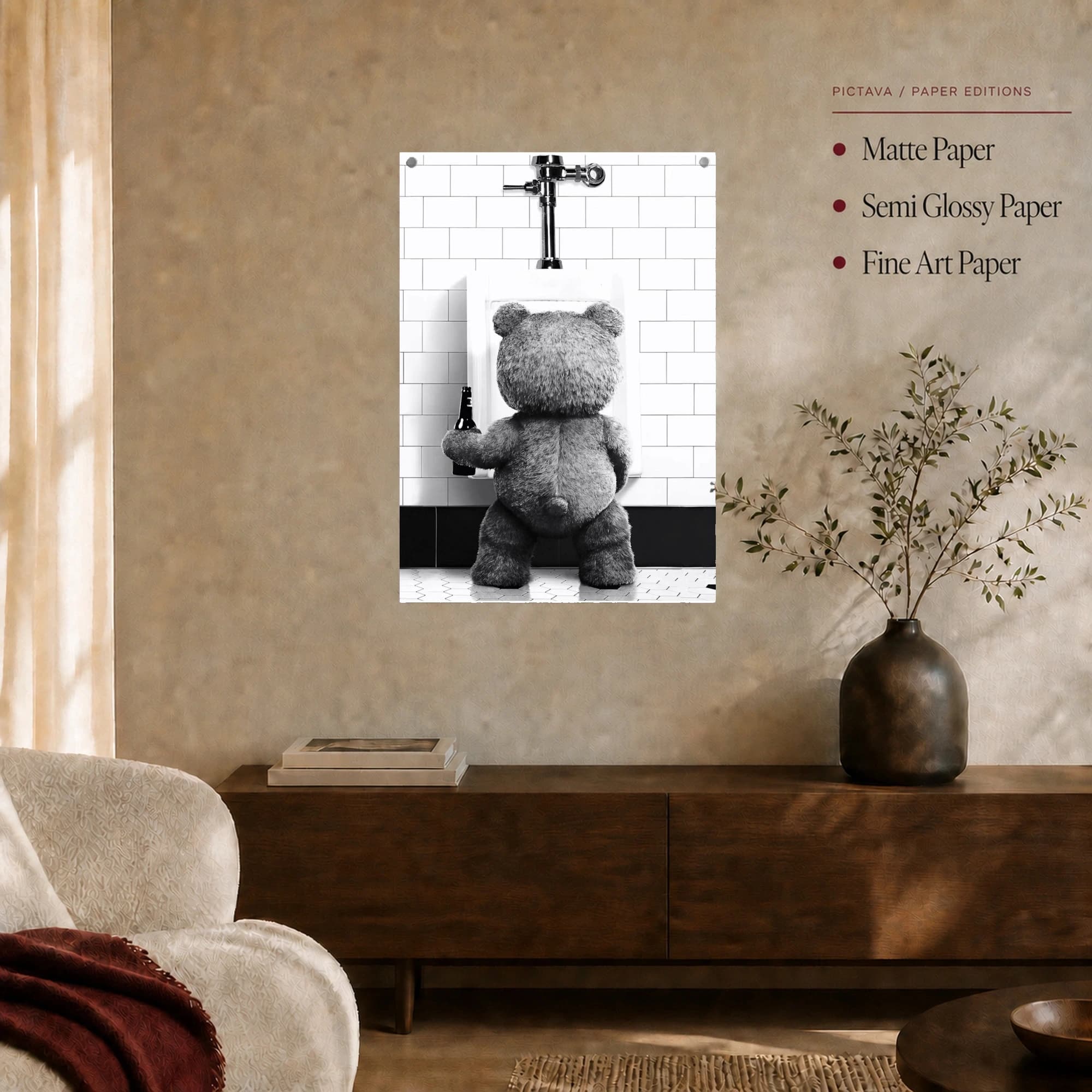 Funny Teddy Bear at Urinal Bathroom Wall Art Print, view 7