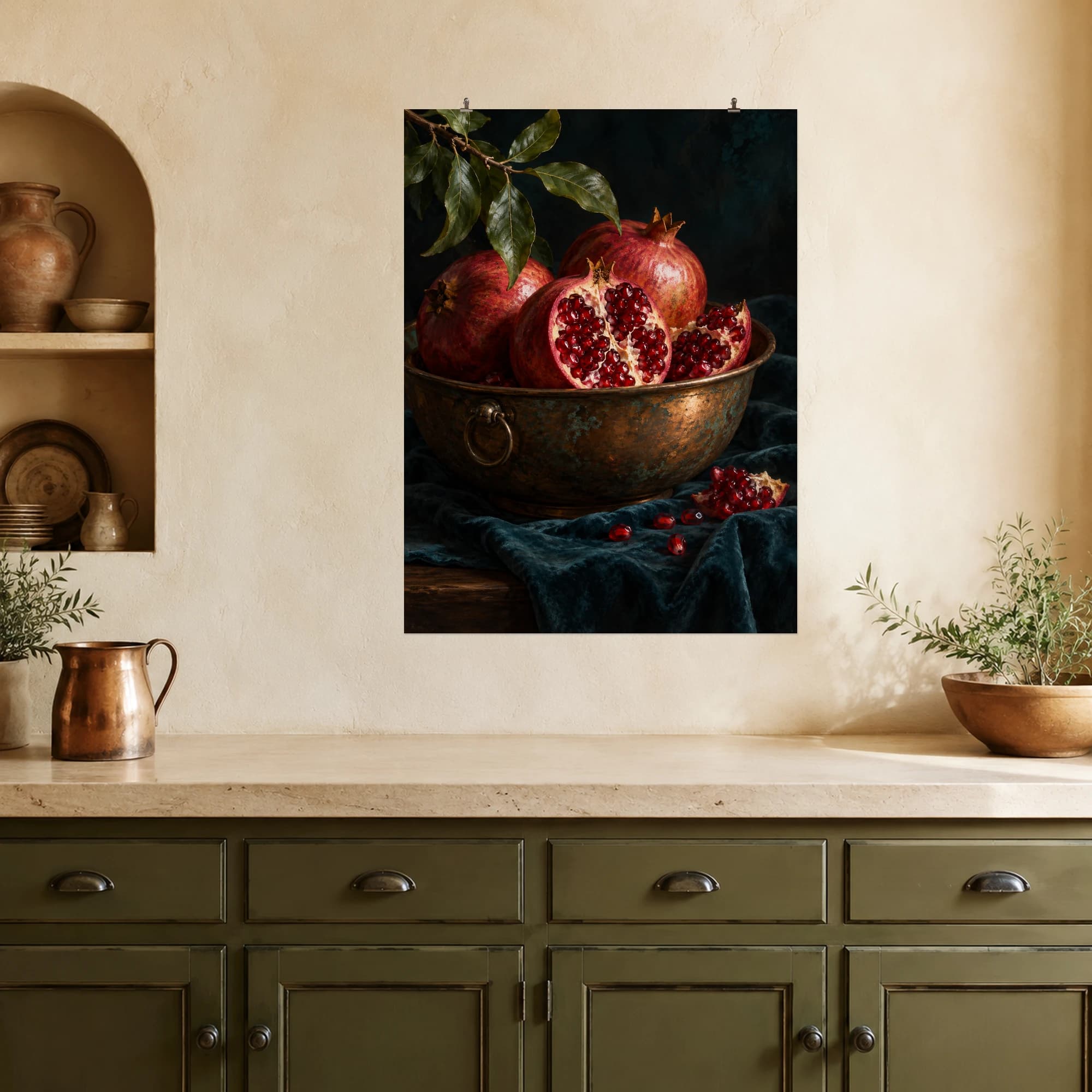 Ruby pomegranates glow in an aged copper bowl against deep teal folds and shadows.
