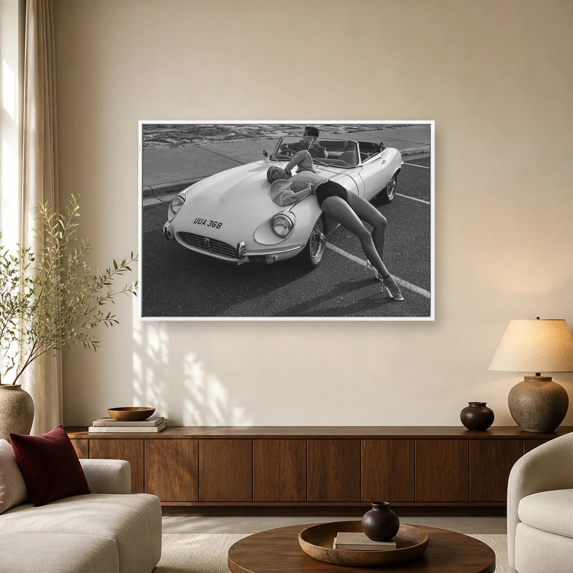Vintage Sports Car and Fashion Model Black and White Art Print, view 2