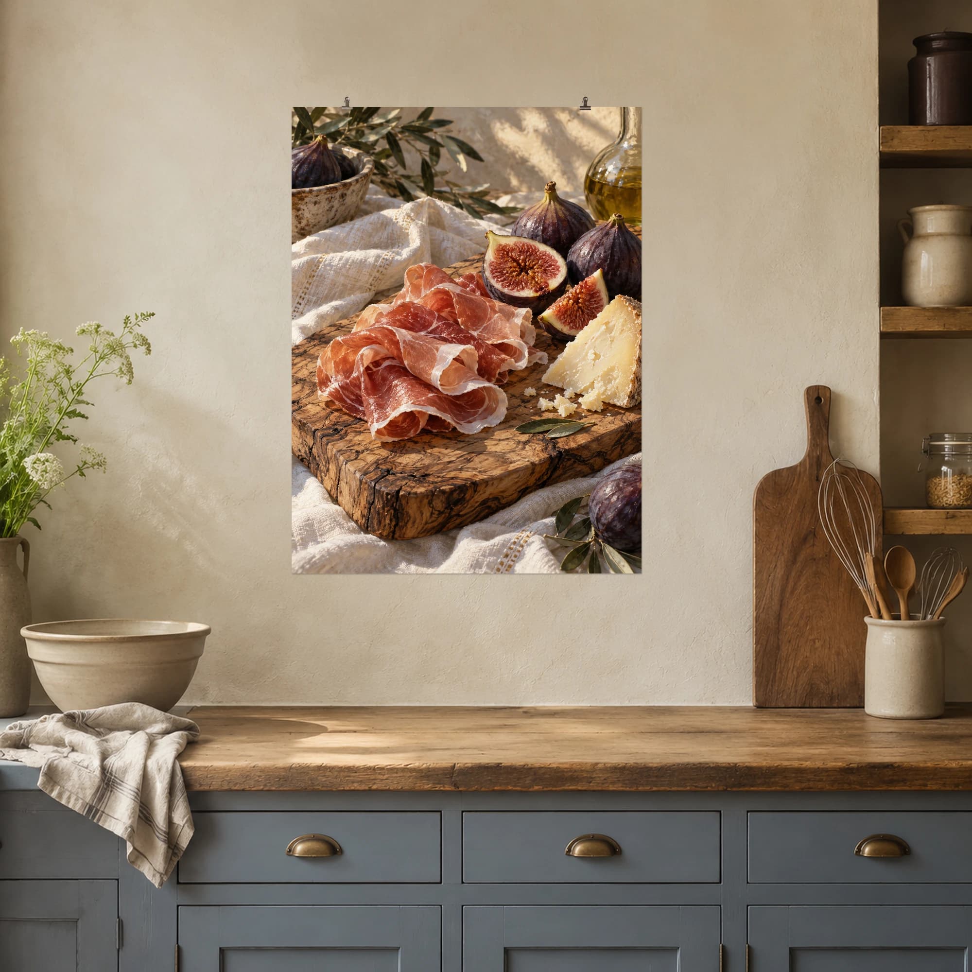 Prosciutto ribbons, ripe figs and aged cheese rest on a rustic wooden board.