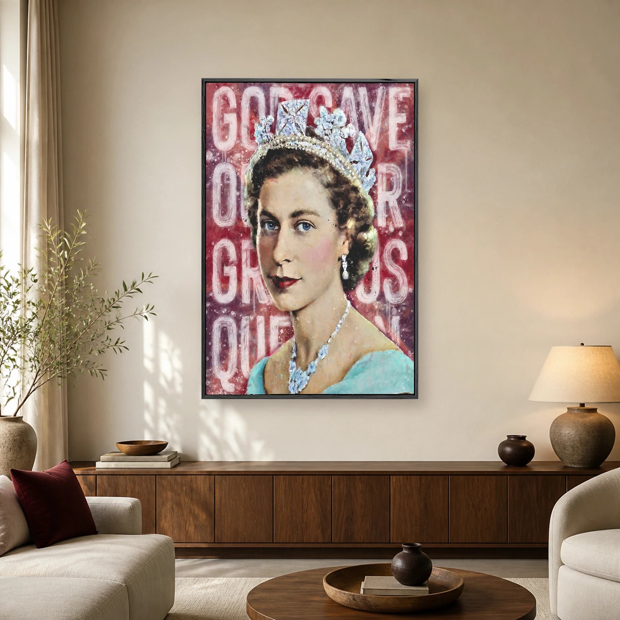 Pop art portrait of Queen Elizabeth II wearing a diamond crown and pearl necklace against a textured red background with white typography.
