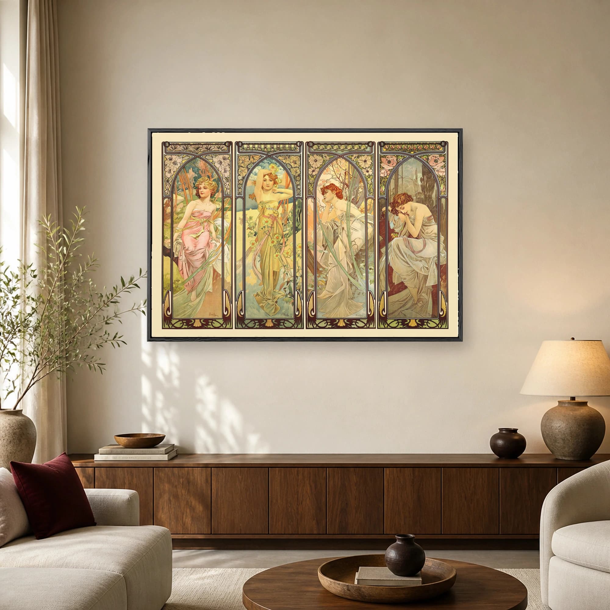 Four vertical Art Nouveau panels by Alphonse Mucha depicting allegorical women representing different times of the day surrounded by floral arches.