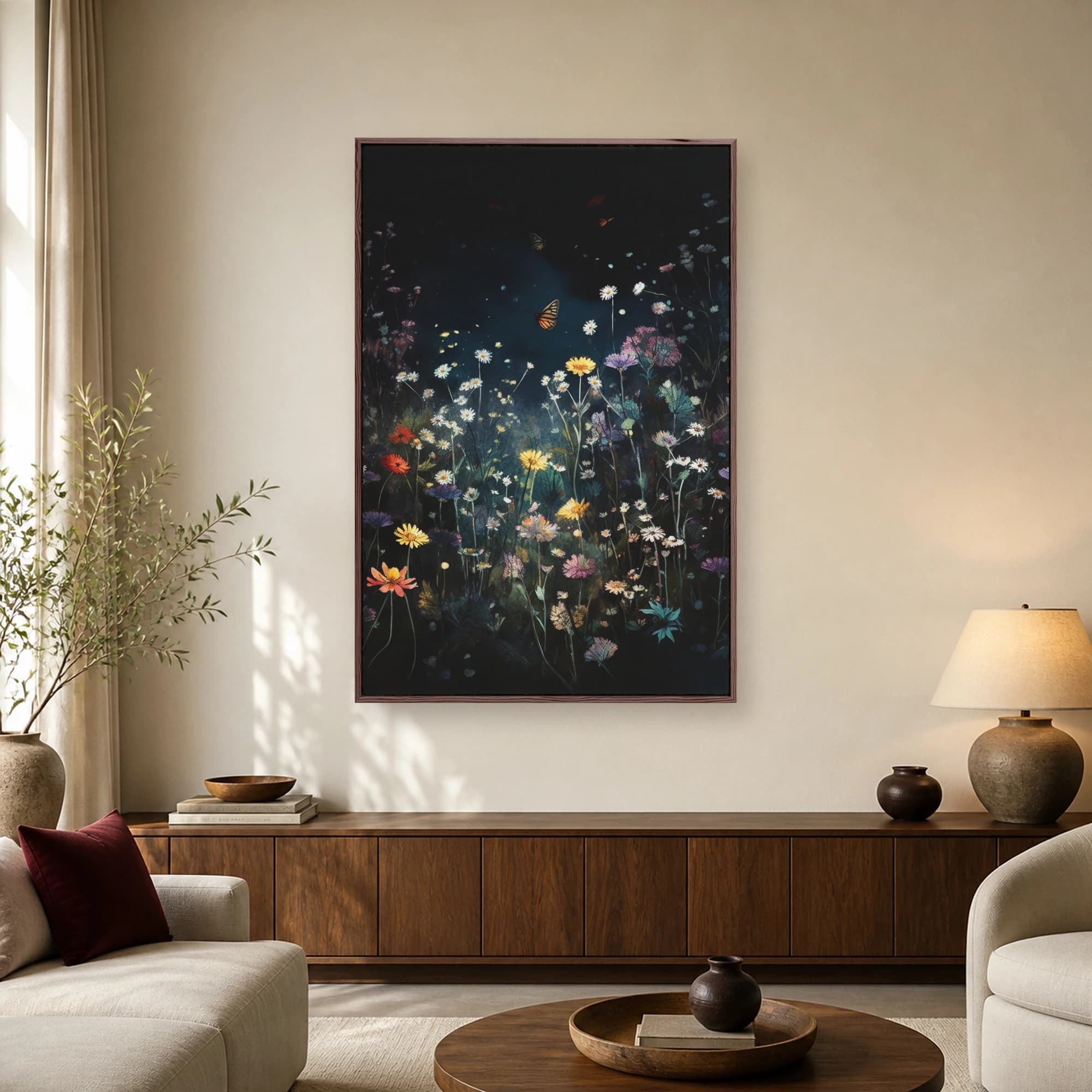 A dark, moody painting of a nocturnal meadow filled with white daisies and wildflowers under a night sky, with a monarch butterfly flying in the center.