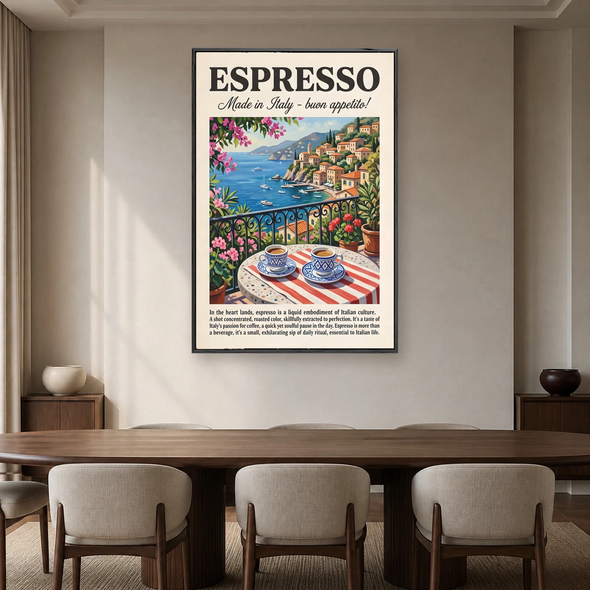 Vintage Italian travel poster showing two cups of espresso on a sunny balcony overlooking a coastal village, sea, and boats.