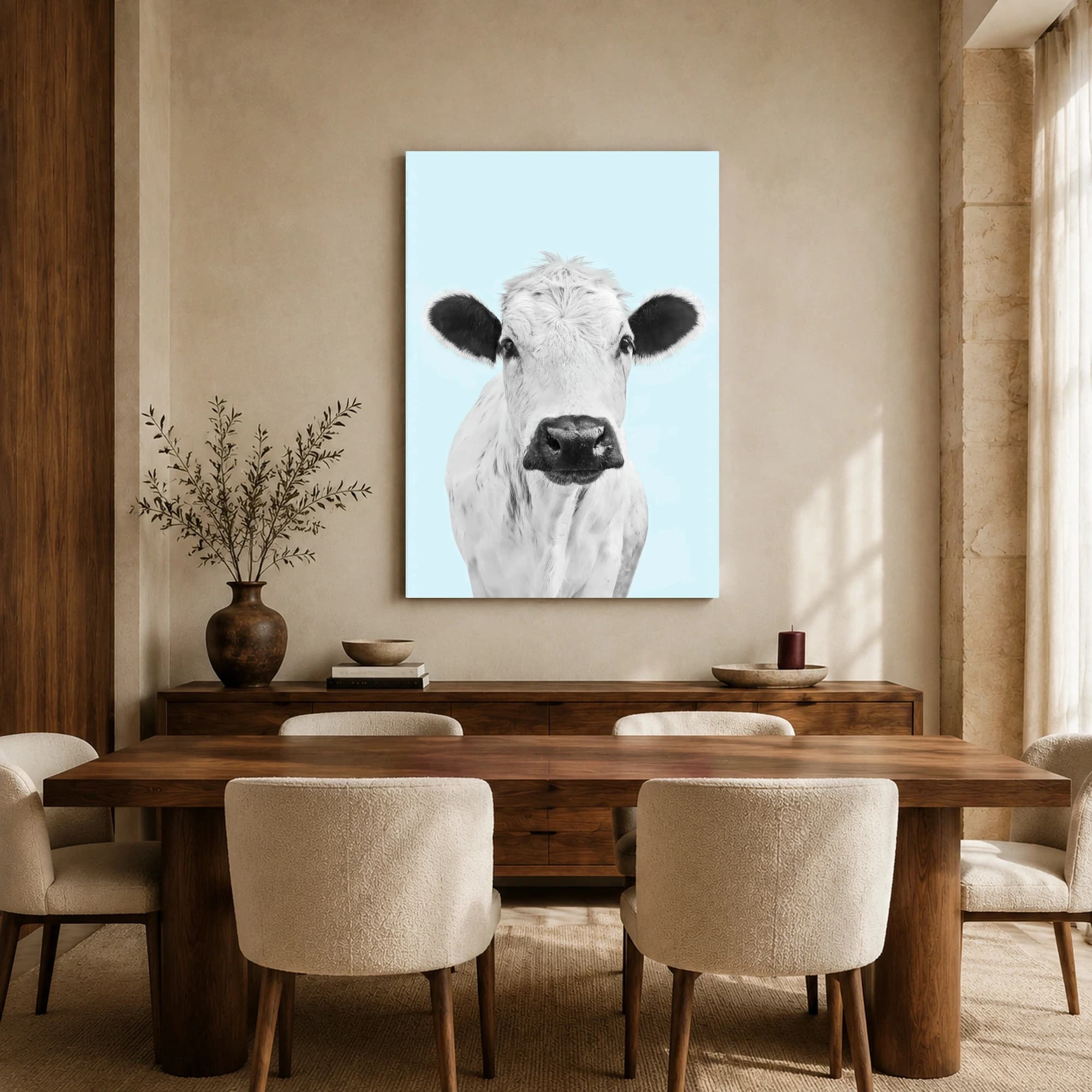 Charming Cow Portrait on Light Blue Wall Art, view 7