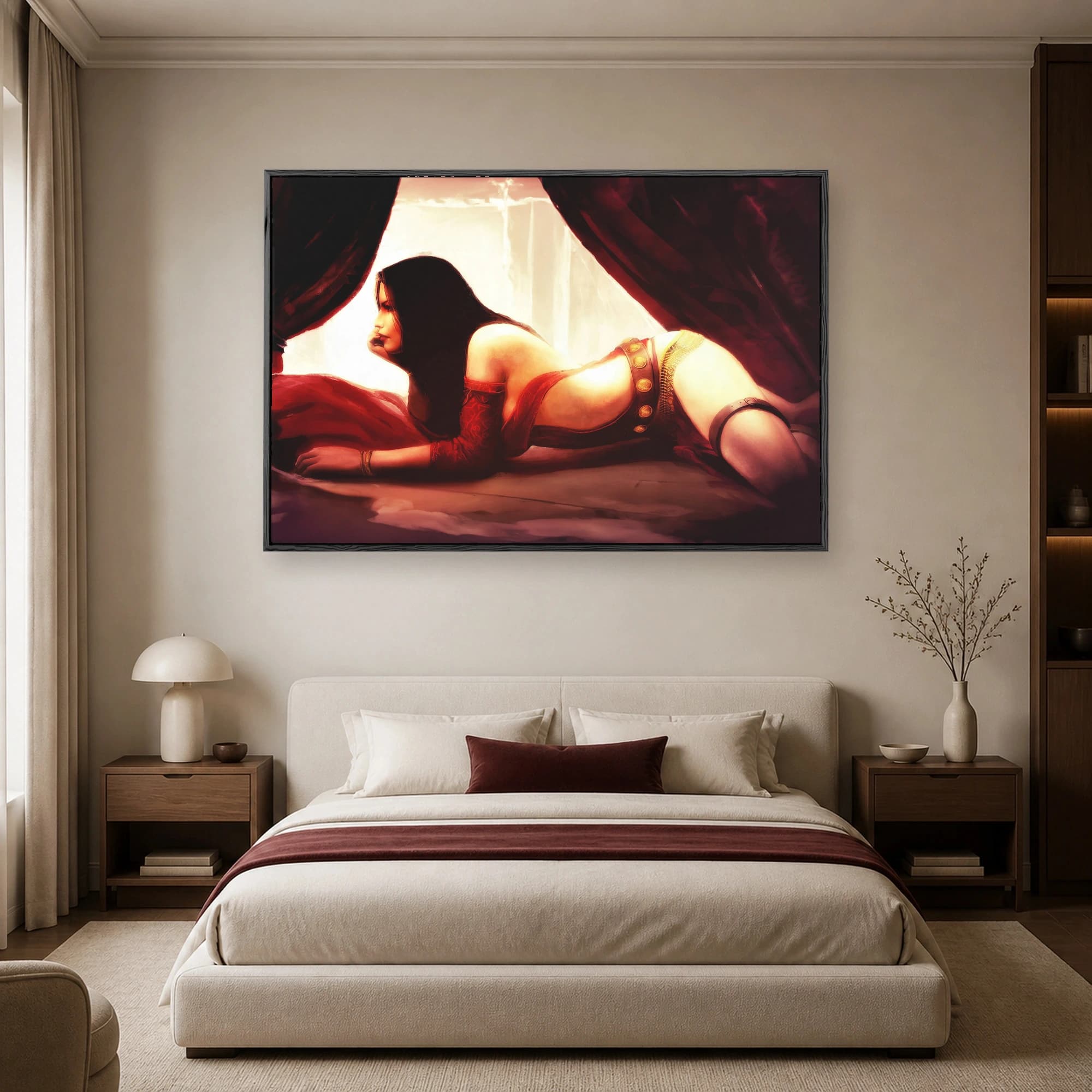 A digital fantasy art print of Morrigan Aensland reclining gracefully under warm backlighting framed by rich red drapery.