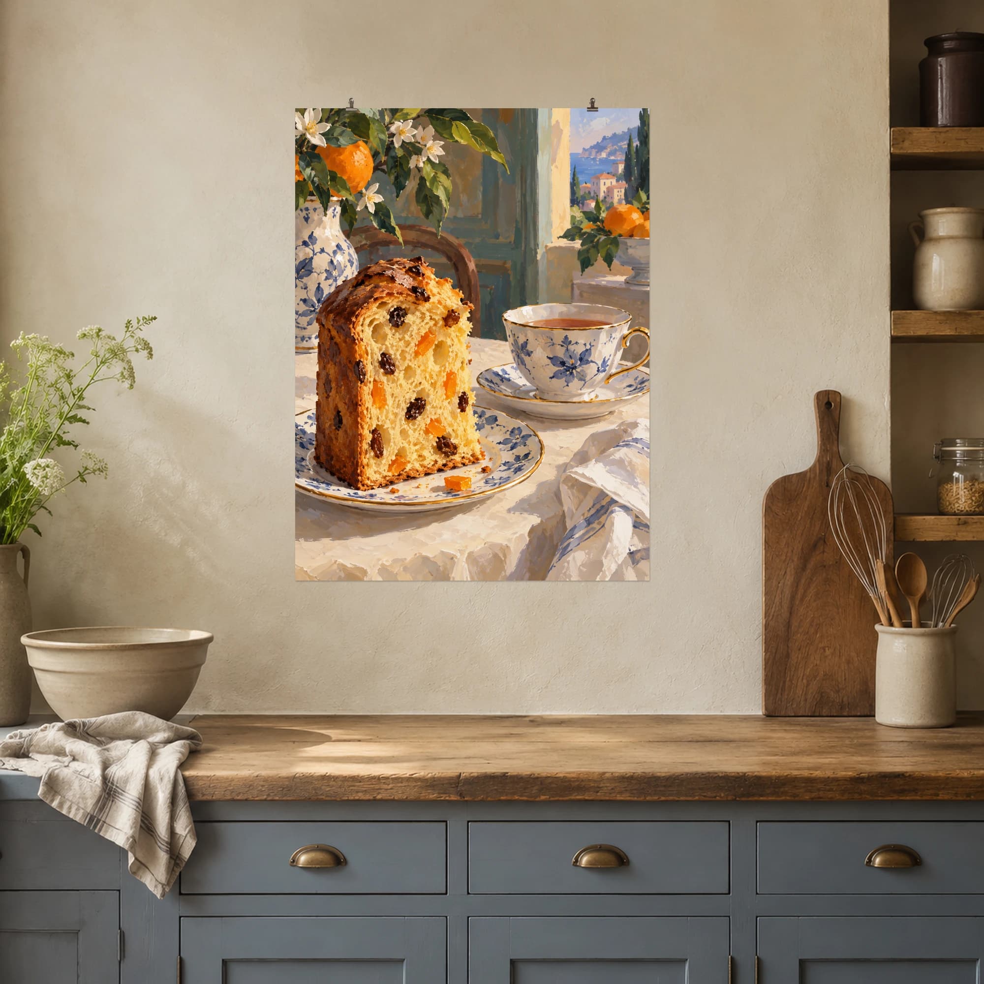 This gouache-style composition features a tall slice of panettone with orange peel and raisins beside a porcelain tea cup on a soft cream table. Expressive brushwork and a balanced palette bring warmth and character to your space.