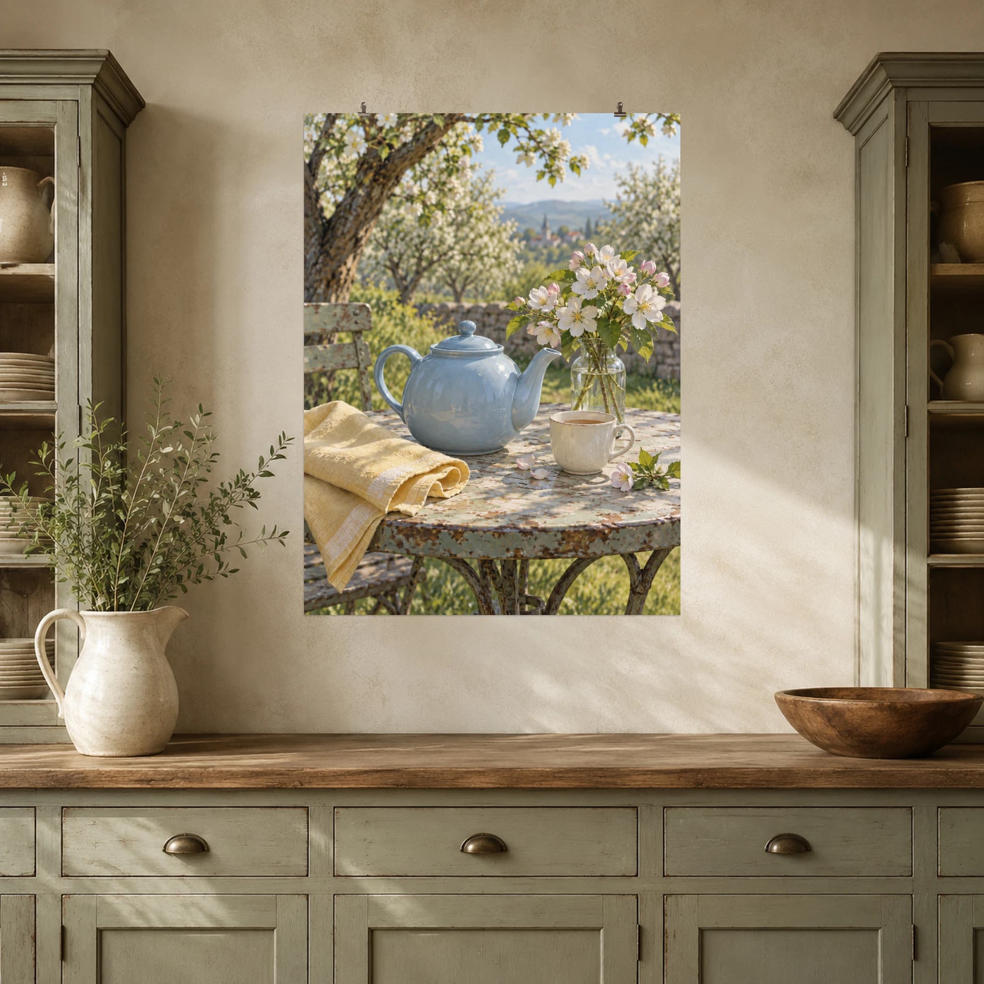 A powder-blue teapot and cream cup share a garden table with apple blossoms and pale yellow linen.
