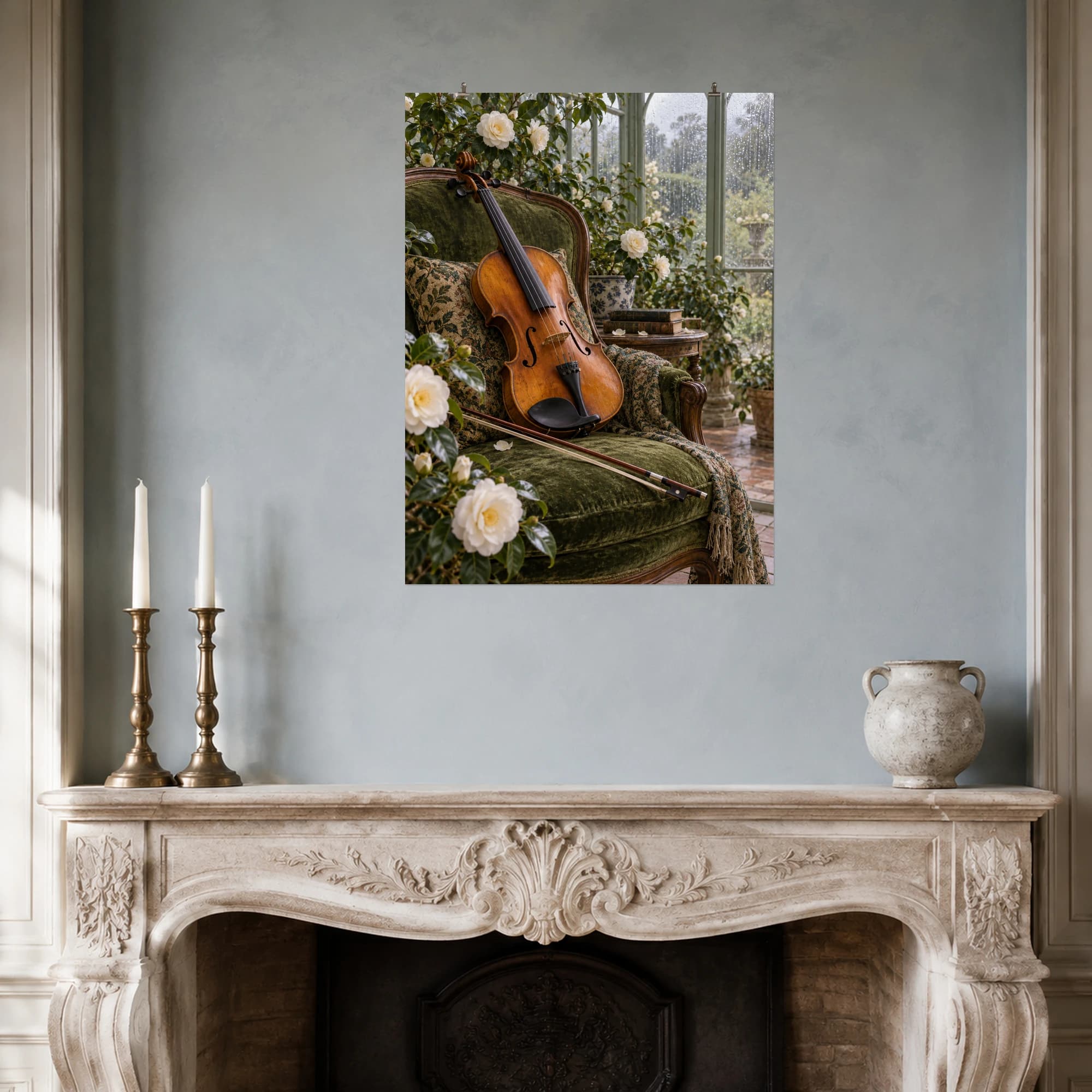 An amber violin and bow rest on a green chair among white camellias in a rainy conservatory.