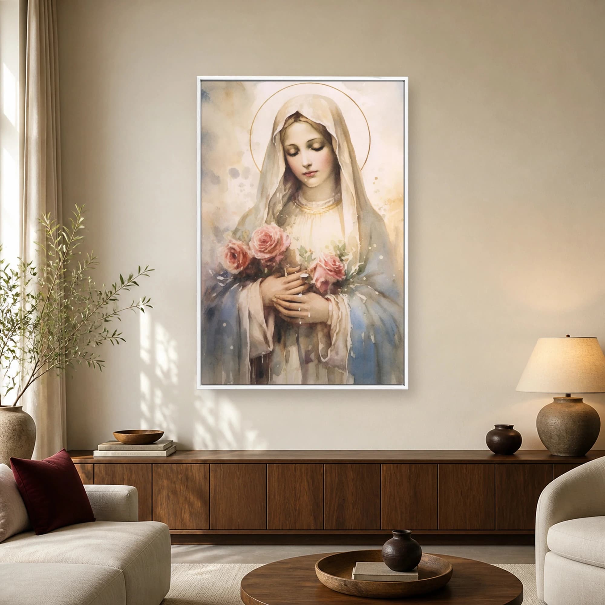 Watercolor Virgin Mary with Roses Fine Art Print, view 2