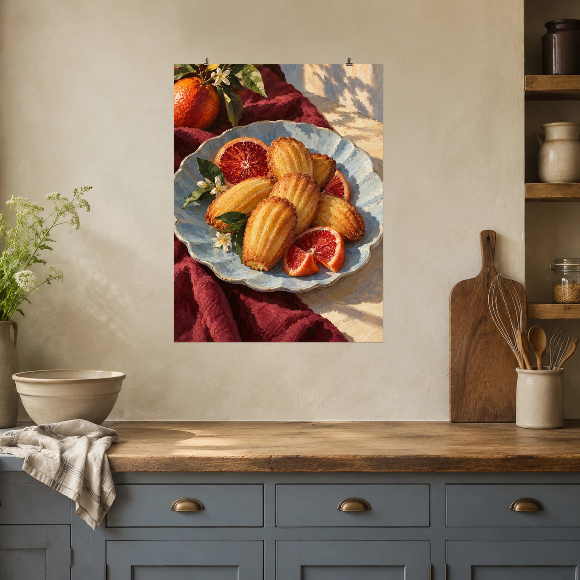 This gouache-style composition features shell-shaped golden madeleines with blood orange slices on a pale blue ceramic plate, burgundy linen and soft afternoon sun. Expressive brushwork and a balanced palette bring warmth and character to your space.