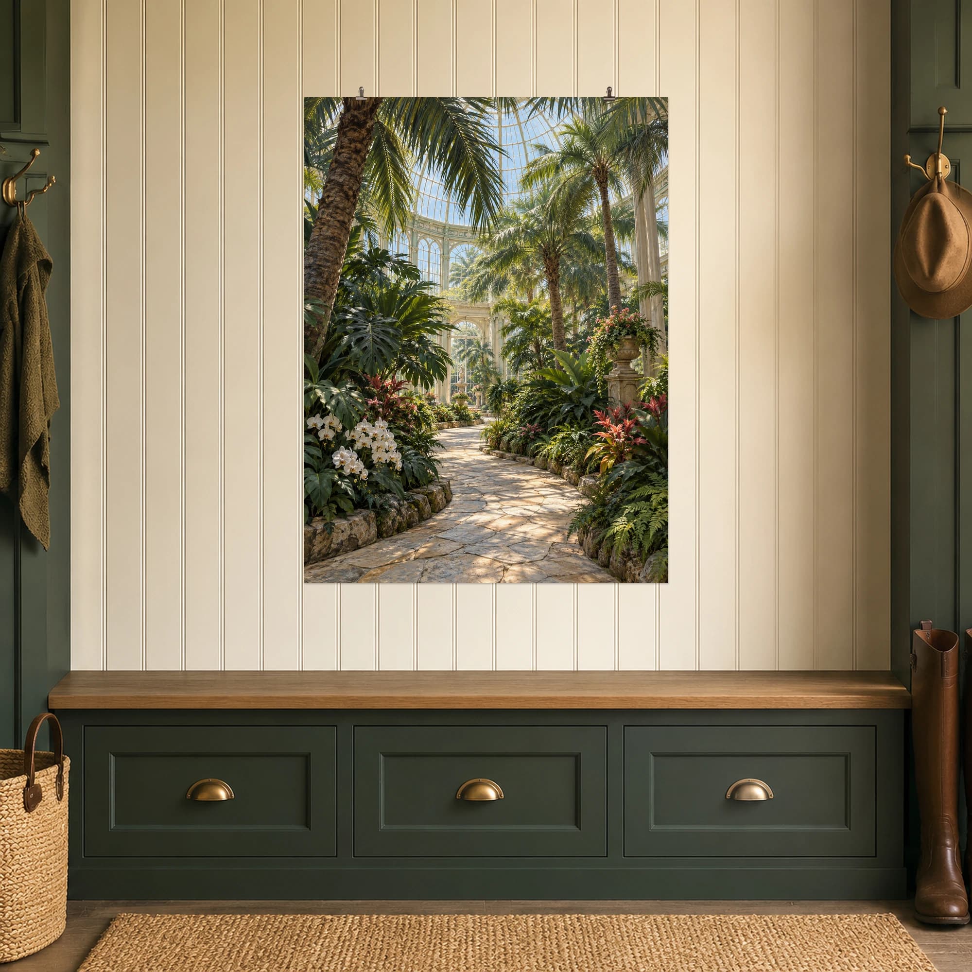 A curving path passes beneath palms and a tall glasshouse roof. Filtered sunlight and abundant foliage create a sheltered tropical retreat.
