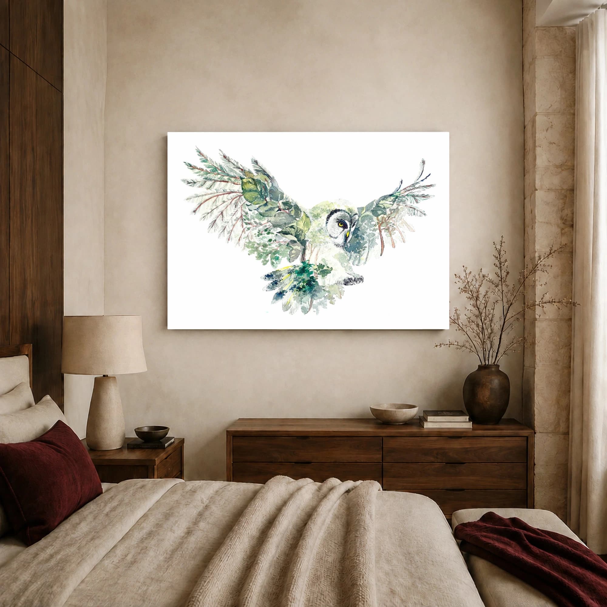Watercolor Owl Forest Double Exposure Fine Art Print, view 8