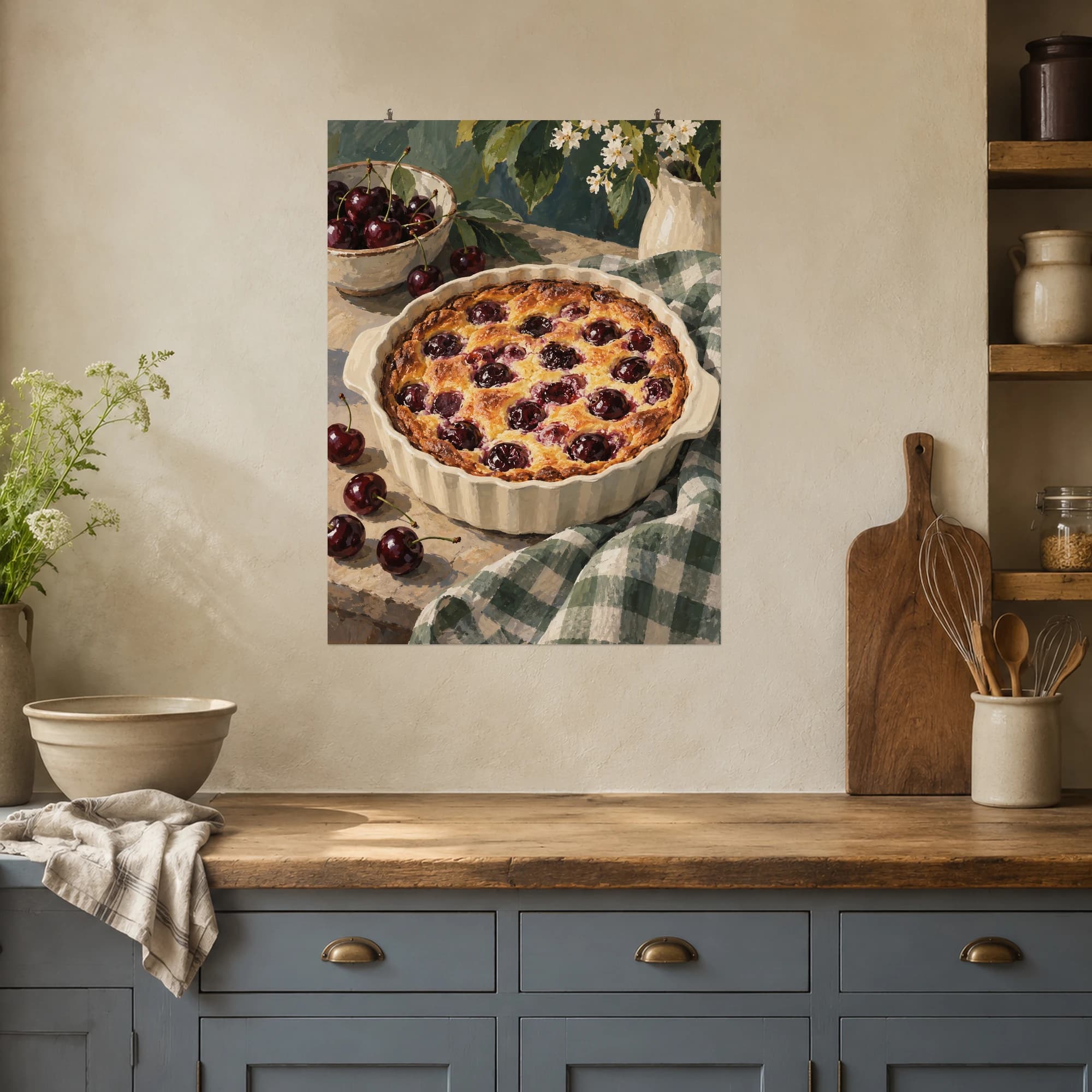 Dark cherries and a golden baked dessert bring warmth to a cottage kitchen scene.