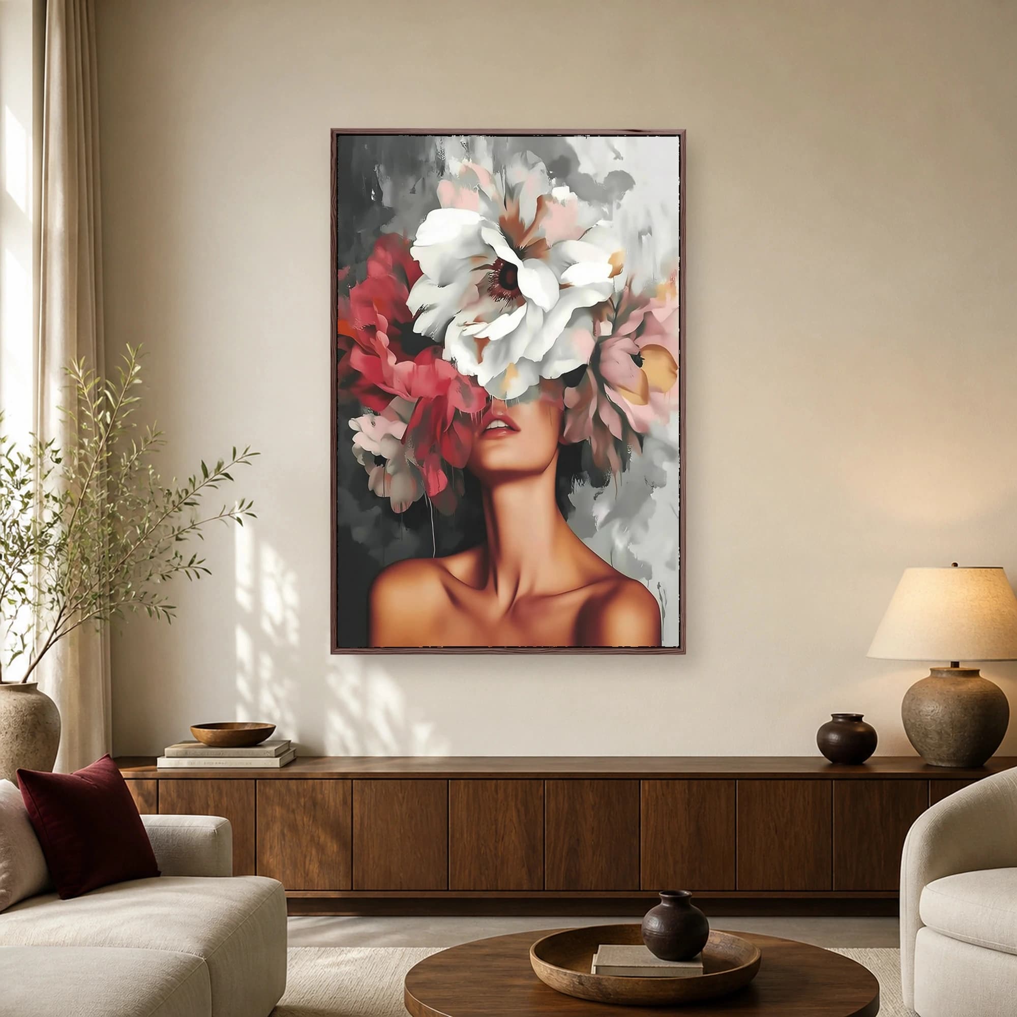 A surreal painting of a woman from the nose down, with a large arrangement of white and pink peonies covering her upper face against a textured grey background.