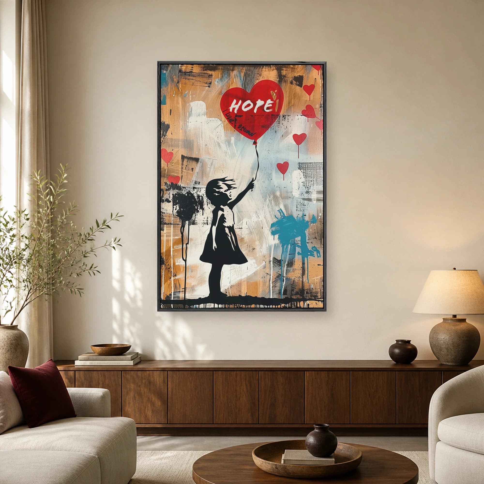 Urban street art canvas print featuring a black silhouette of a girl reaching for a red heart balloon with the word HOPE written on it against a textured background.