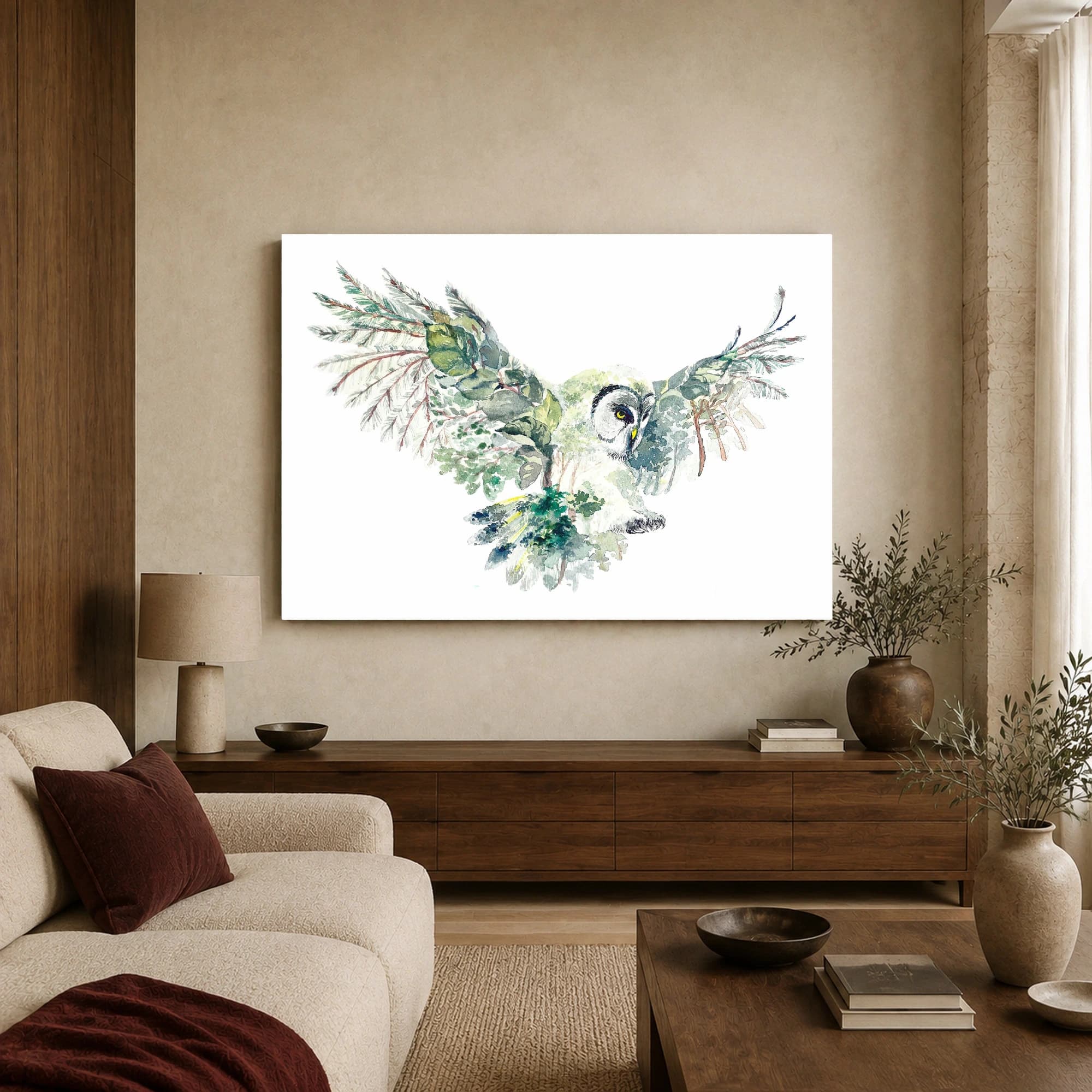 Watercolor Owl Forest Double Exposure Fine Art Print, view 2