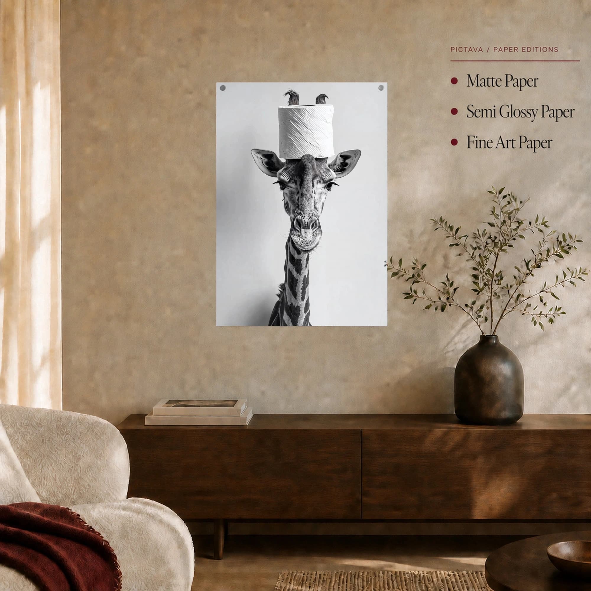 Giraffe with Toilet Paper Roll Funny Animal Wall Art, view 6