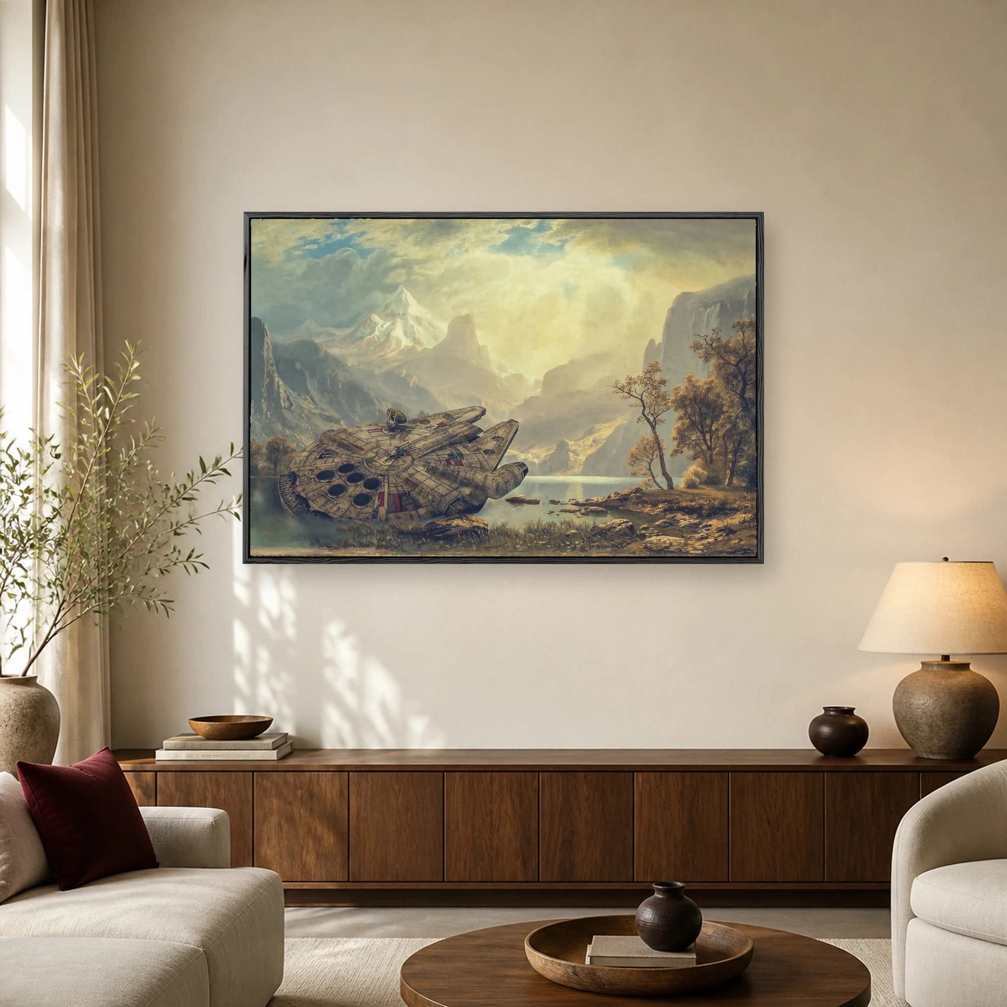 An oil painting style landscape showing a crashed circular starship resembling the Millennium Falcon on the shore of an alpine lake with snowy mountains.