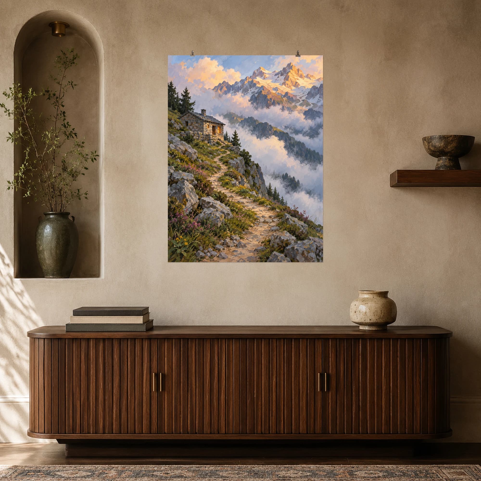 This gouache-style composition features a small stone mountain refuge beside a winding path disappearing into clouds with warm light on distant peaks. Expressive brushwork and a balanced palette bring warmth and character to your space.