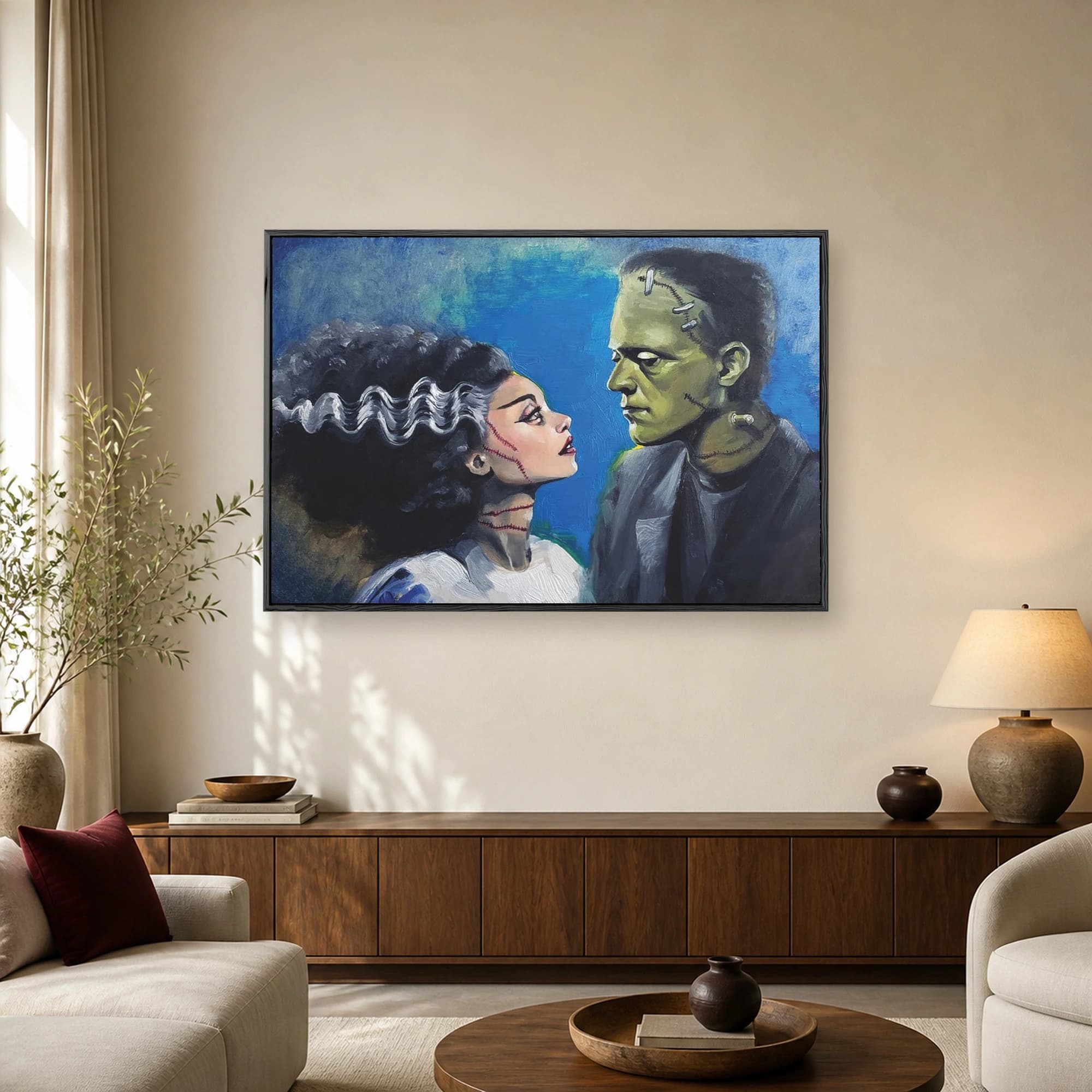 An expressive painting of Frankenstein's monster and his bride gazing lovingly at each other against a textured blue background.