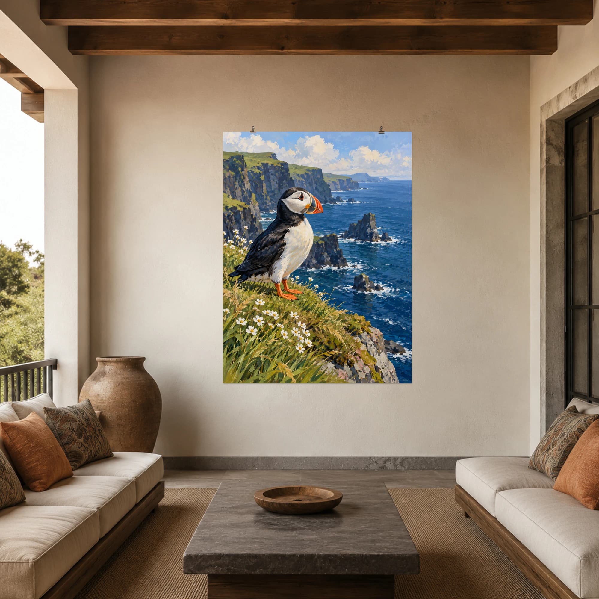 This gouache-style composition features an Atlantic puffin on a grassy cliff edge above a deep blue sea with tiny white coastal flowers. Expressive brushwork and carefully balanced color bring a distinctive focal point to your wall.