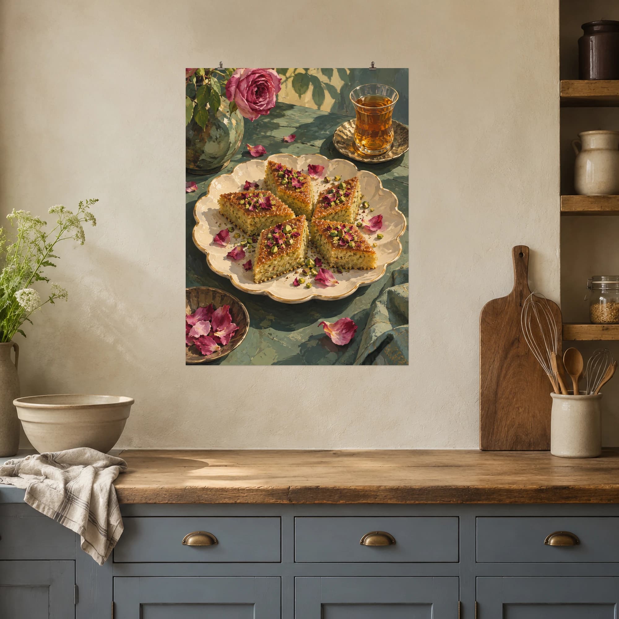 This gouache-style composition features diamond shaped pistachio and rose semolina cakes on a cream scalloped plate, a tiny glass of amber tea and rose petals on a muted jade table. Expressive brushwork and a balanced palette bring warmth and character to your space.