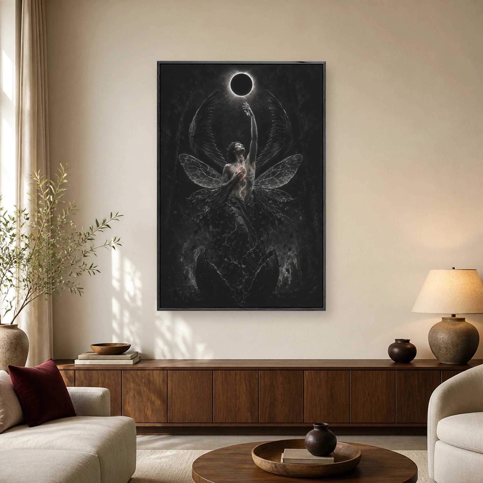A dark fantasy art print showing a winged male figure with insectoid and feathered wings emerging from a cracked pod and reaching toward a total solar eclipse.