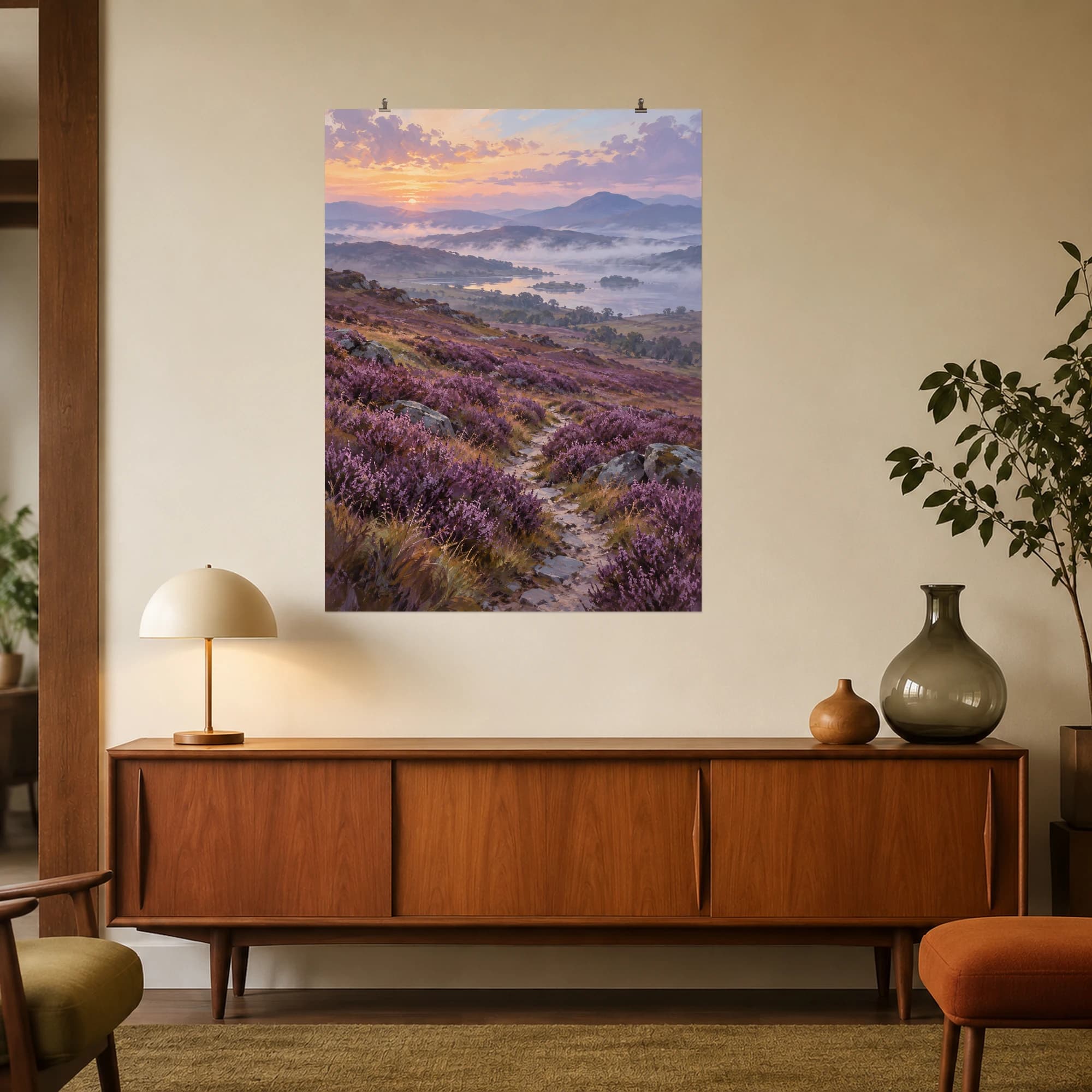 A narrow path winds across purple heather toward misty blue hills.