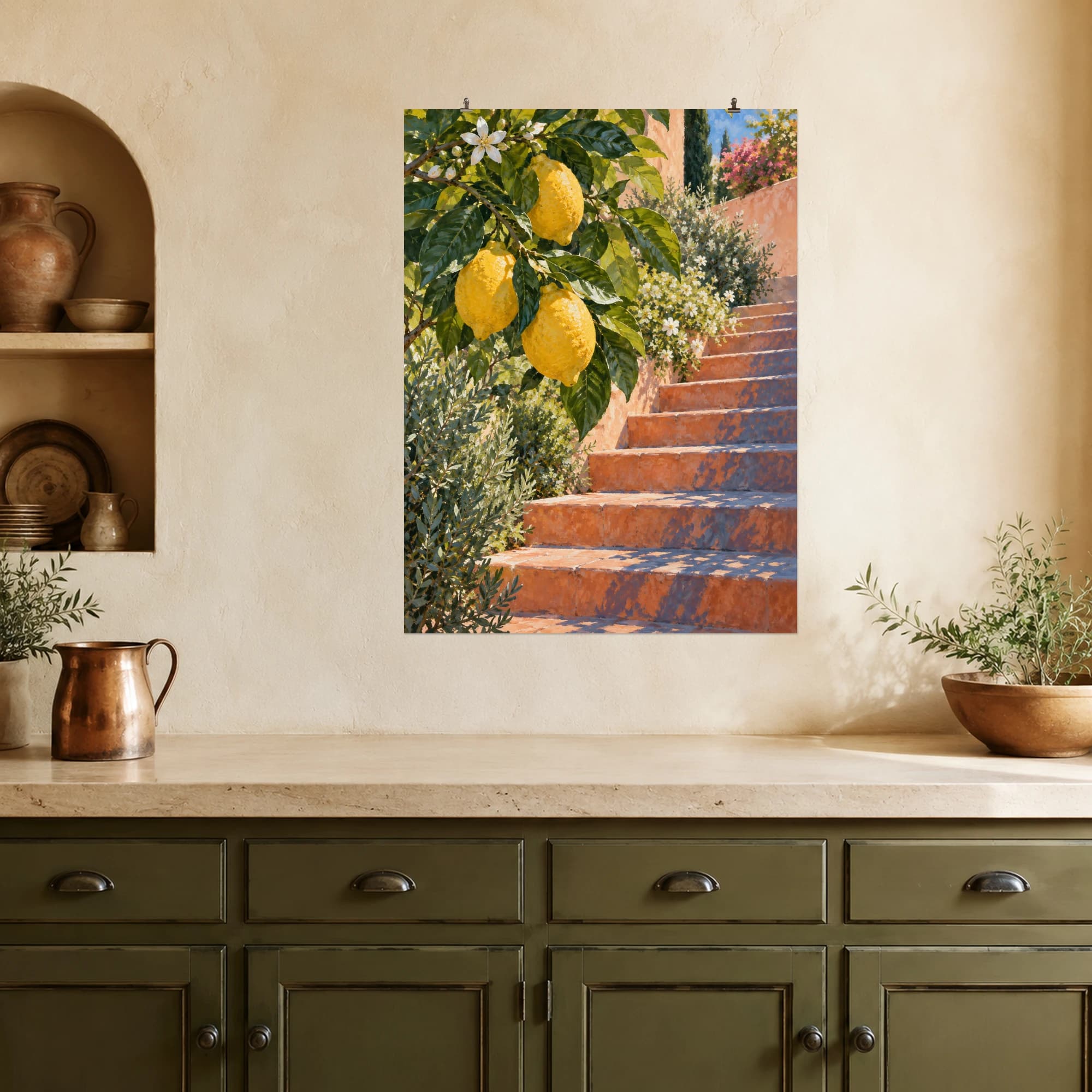 A lemon branch arches above terracotta garden steps and pale blue shadows.