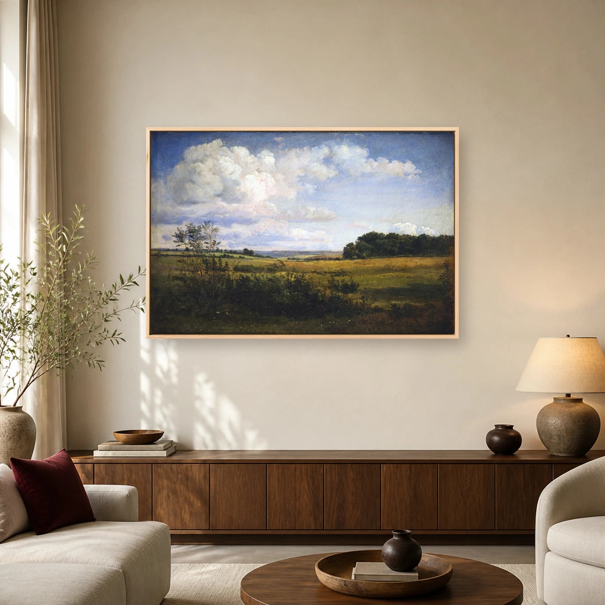 Vintage Pastoral Landscape Painting with Dramatic Clouds Wall Art, view 2