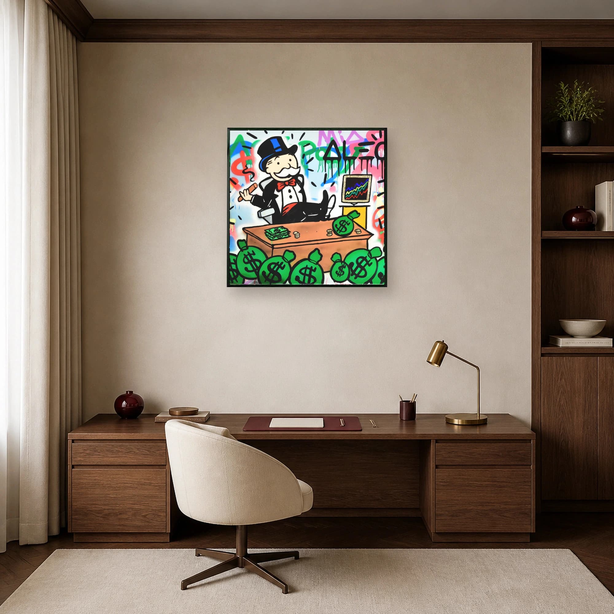 Pop art illustration of the Monopoly Man in a tuxedo smoking a cigar with feet on a desk surrounded by cash and graffiti.