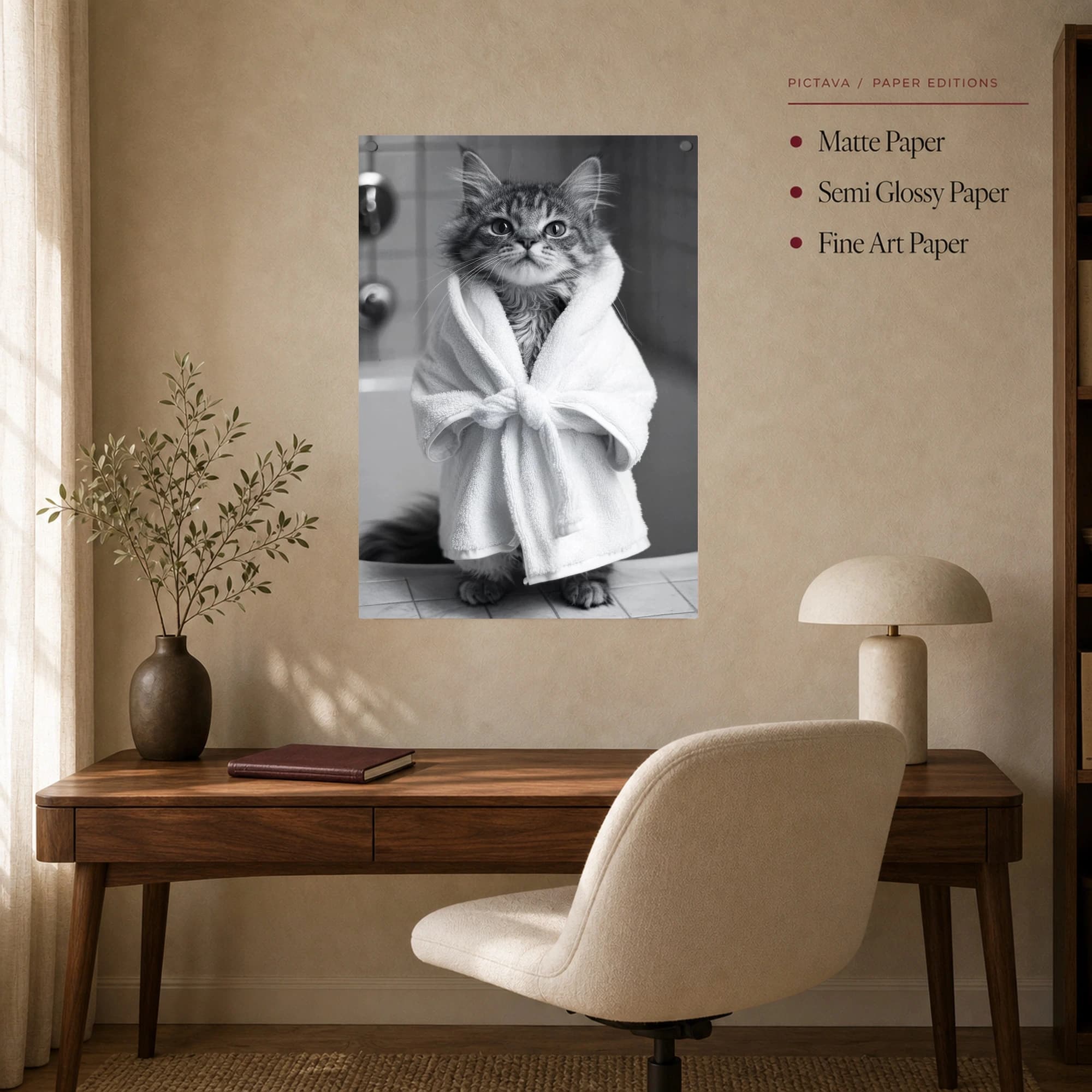 Spa Cat in White Bathrobe Black and White Wall Art, view 8