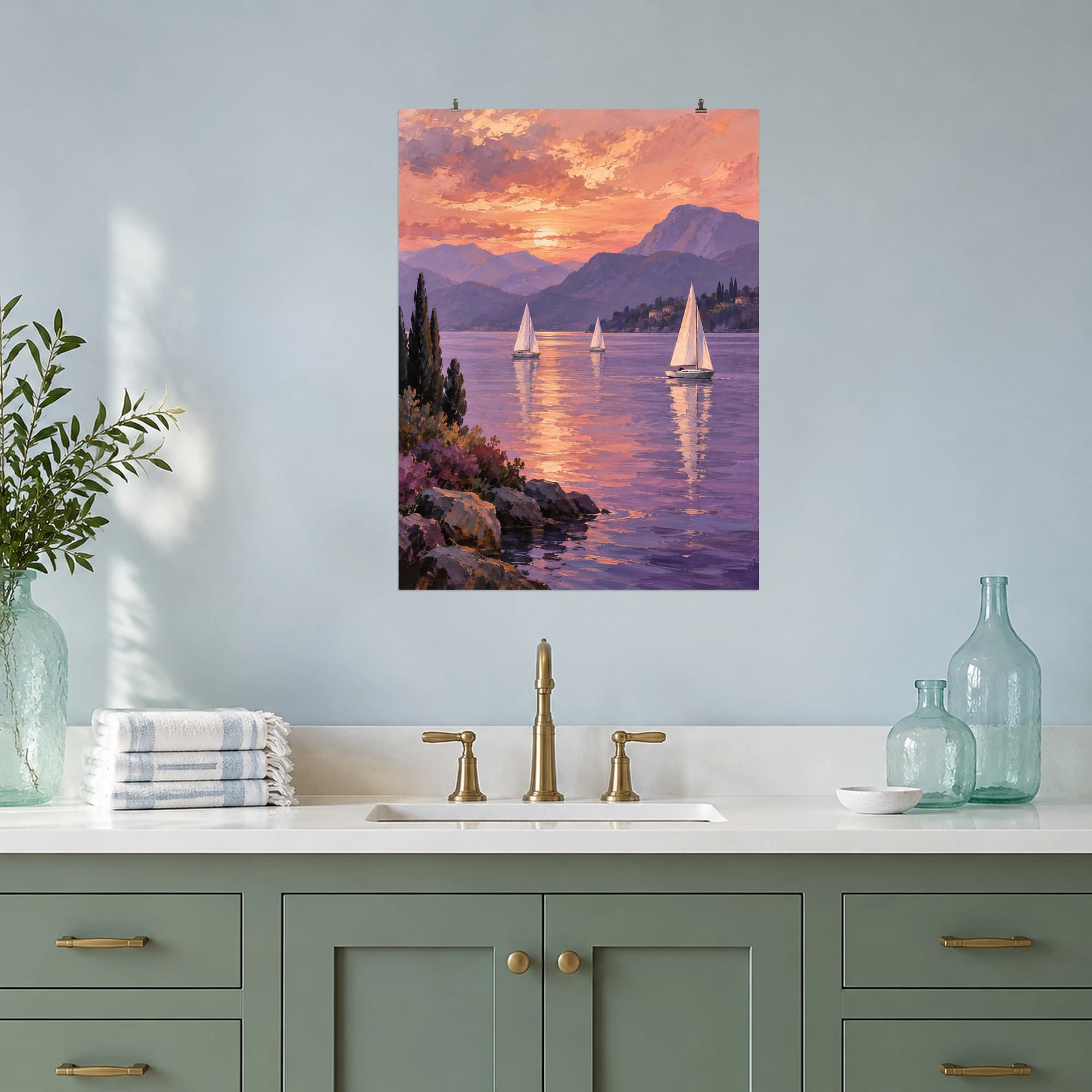 This gouache-style composition features three small white sailboats crossing a calm violet lake with soft distant mountains and a rose gold sky. Expressive brushwork and a balanced palette bring warmth and character to your space.