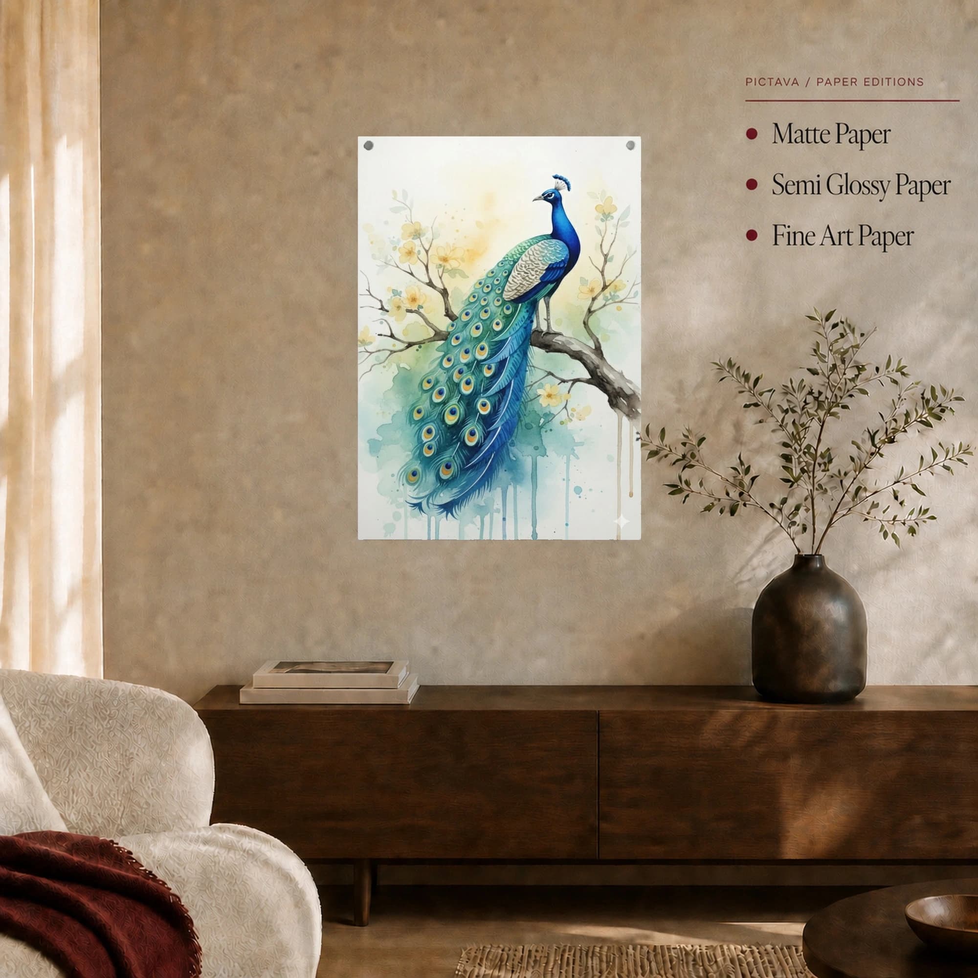 Watercolor Peacock Wall Art on Flowering Branch Canvas Print, view 7