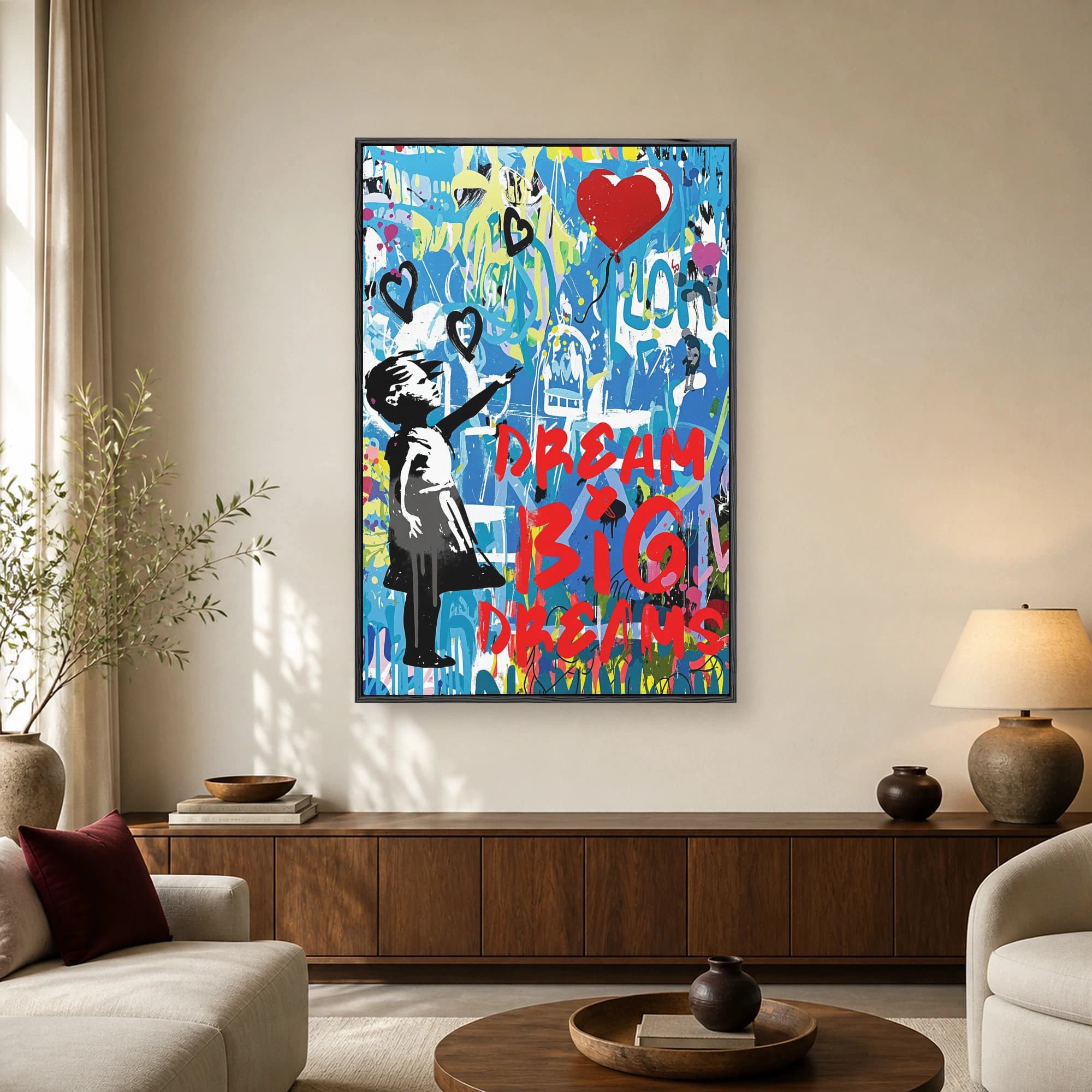 A vibrant street art composition featuring a child silhouette reaching for red heart balloons and bold red Dream Big typography against a blue graffiti wall.