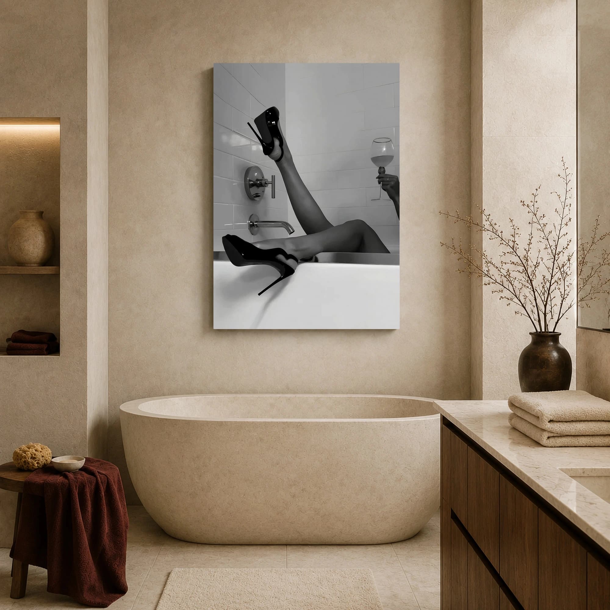 High Heels in Bathtub & Wine Glass Black and White Art, view 8