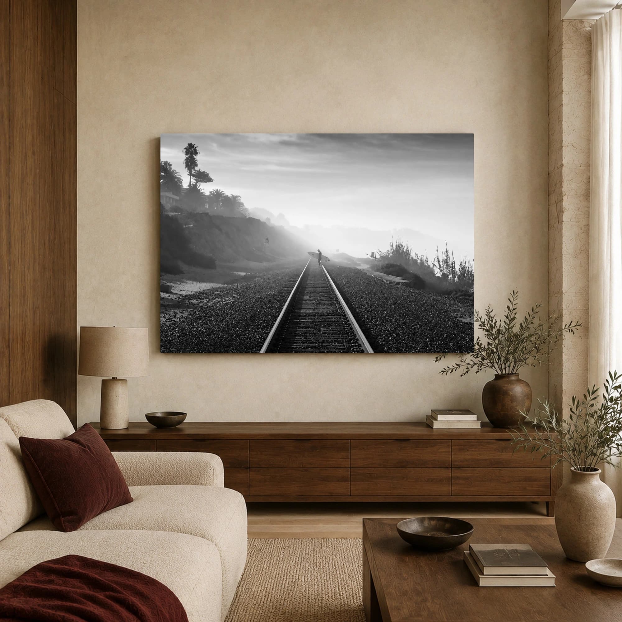 Surfer on Coastal Railway Tracks Black and White Photography, view 3