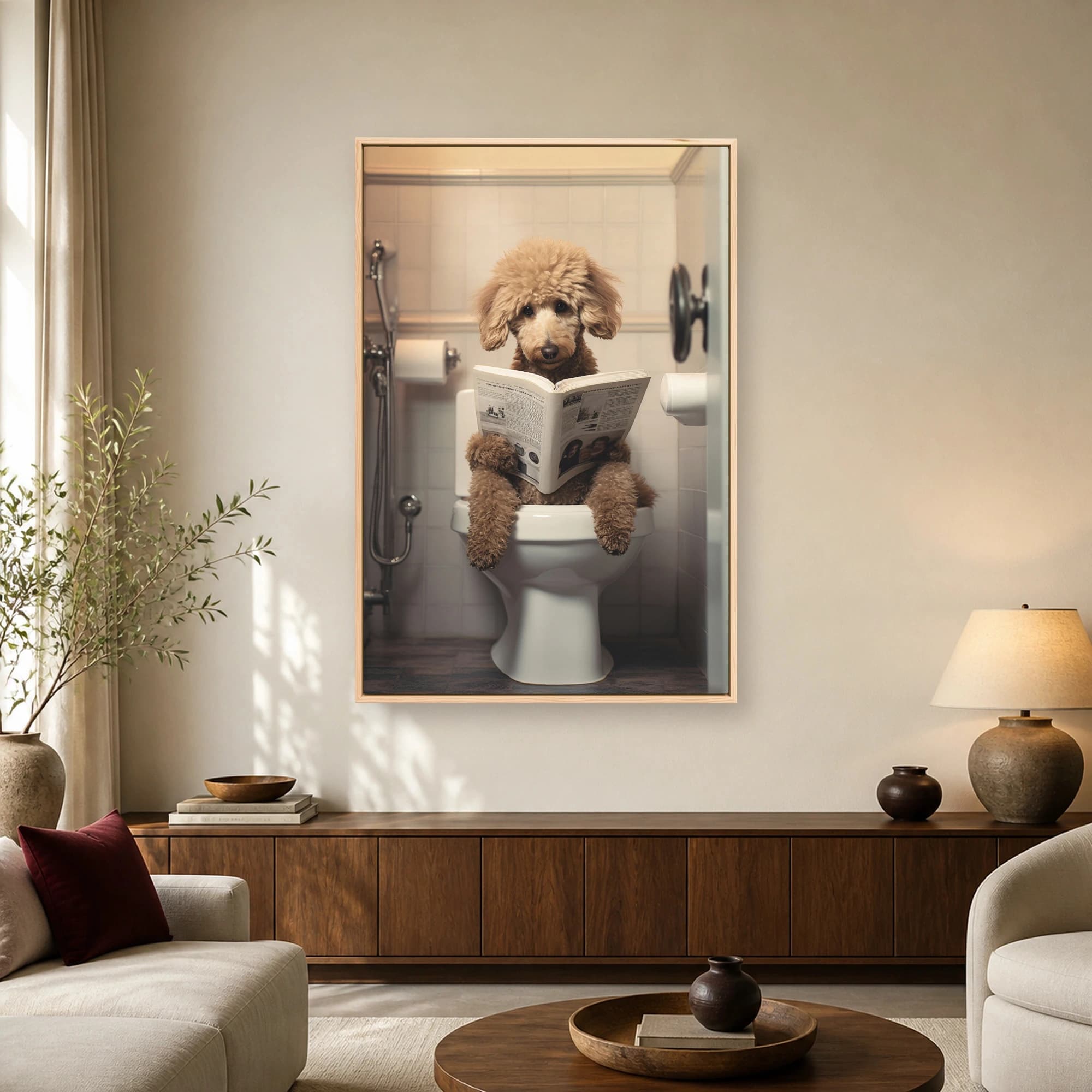 Poodle Reading Newspaper on Toilet Funny Bathroom Wall Art, view 2