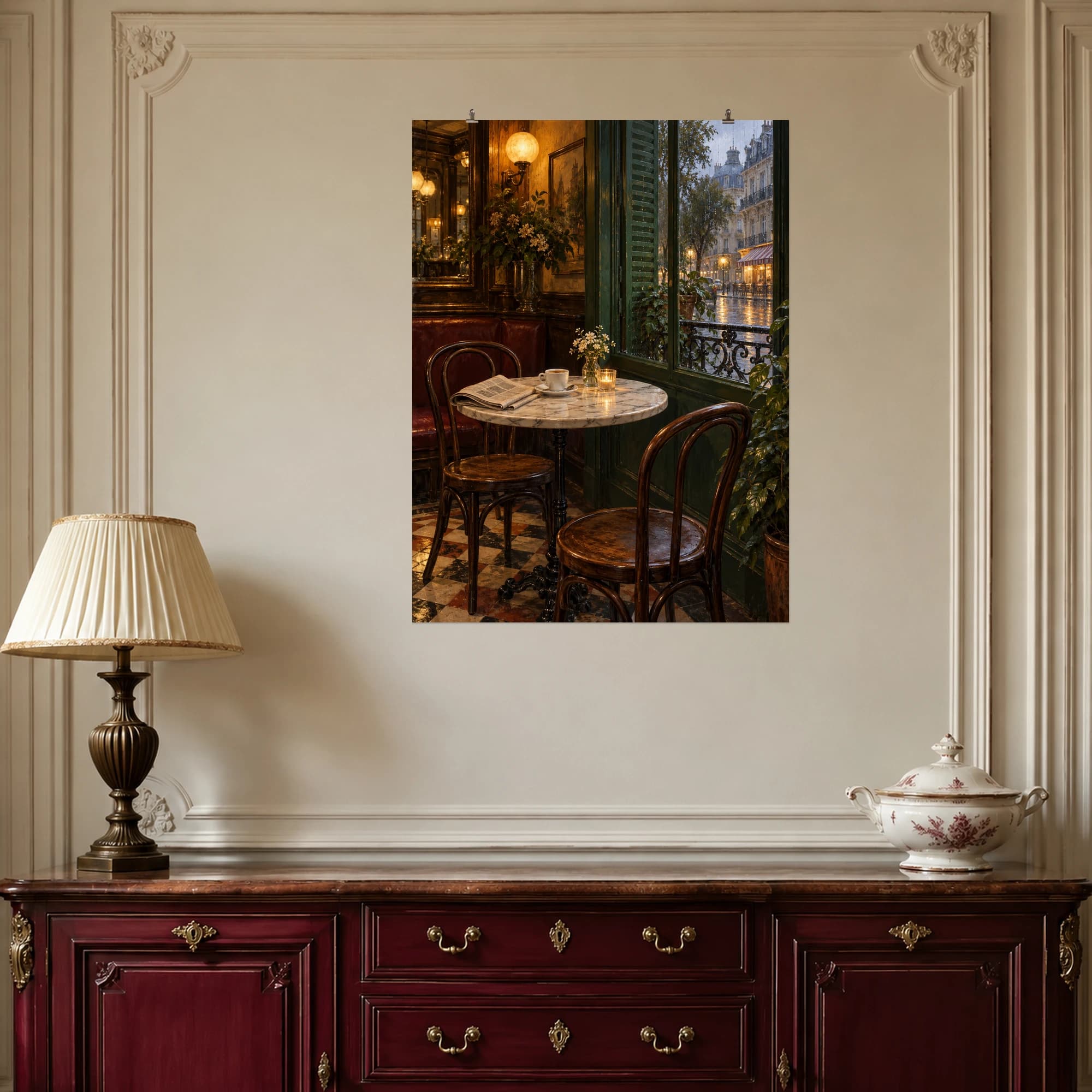 A small marble bistro table waits beside green shutters and a rainy Parisian street.