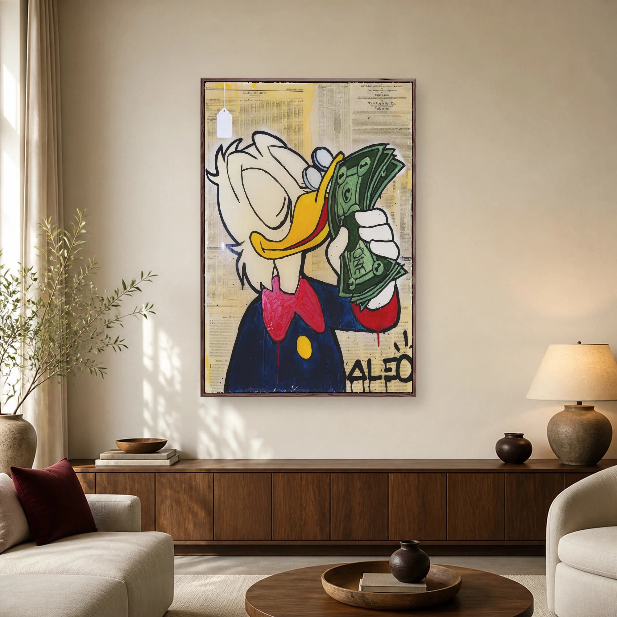 Pop art painting of a cartoon duck counting a fan of cash over a background of financial stock market newspaper pages.