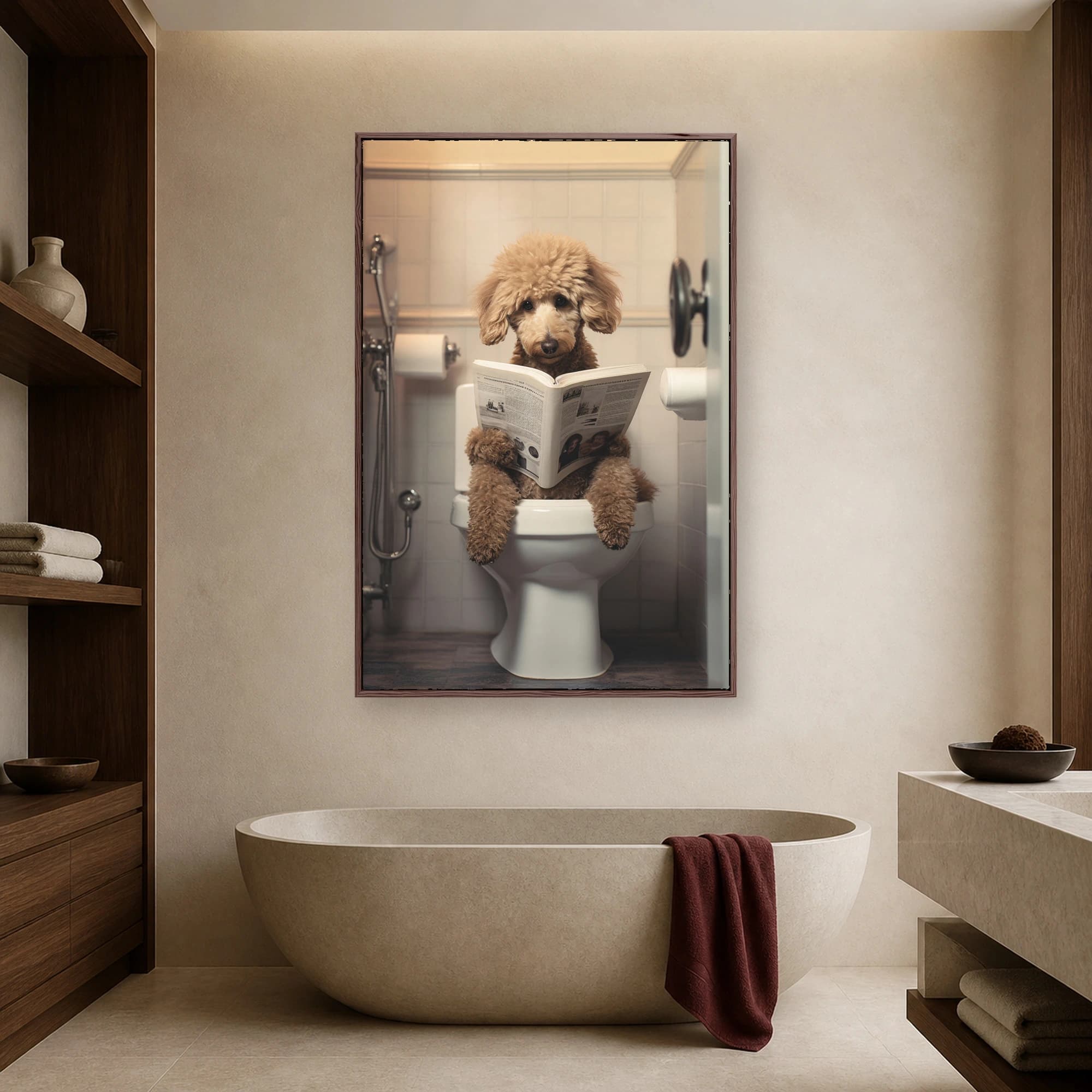 Poodle Reading Newspaper on Toilet Funny Bathroom Wall Art, view 4