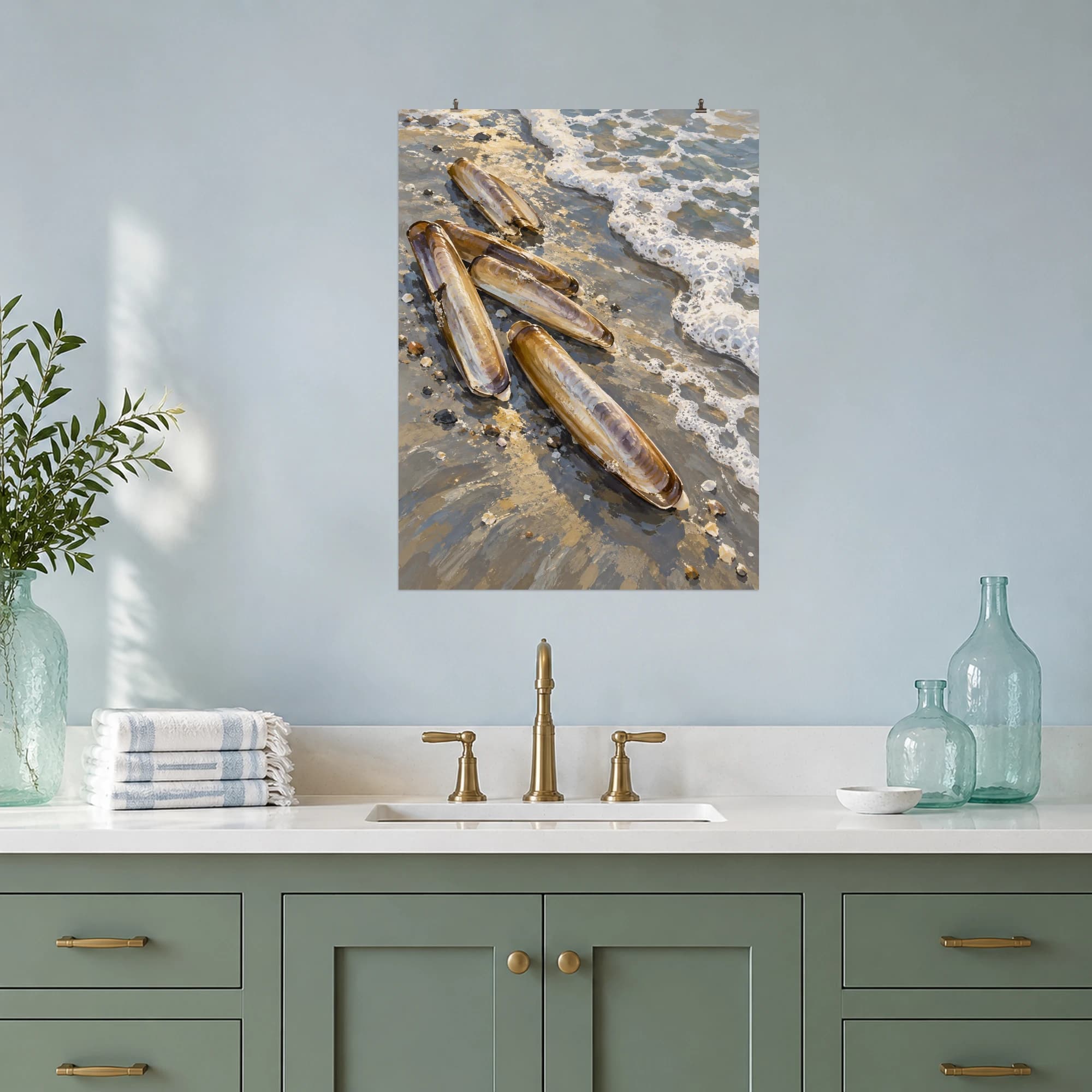 This gouache-style composition features a group of slender razor clam shells lying diagonally on wet silver sand with a lace edge of sea foam. Expressive brushwork and a balanced palette bring warmth and character to your space.