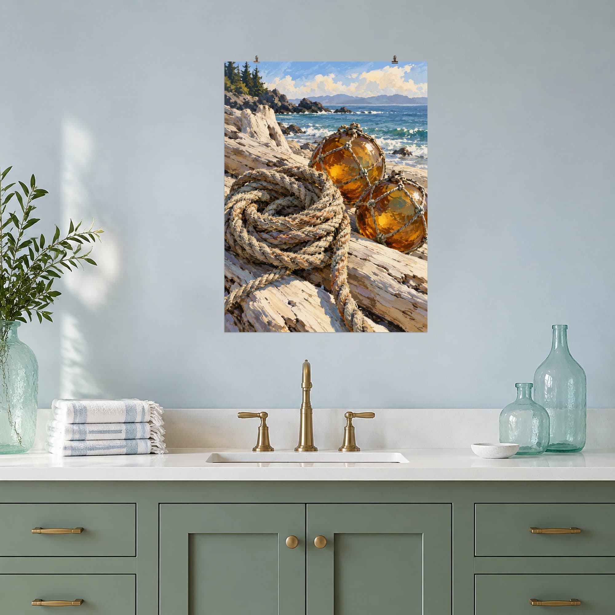 This gouache-style composition features a coiled weathered rope beside two amber glass fishing floats on pale sunlit driftwood with blue sea beyond. Expressive brushwork and a balanced palette bring warmth and character to your space.