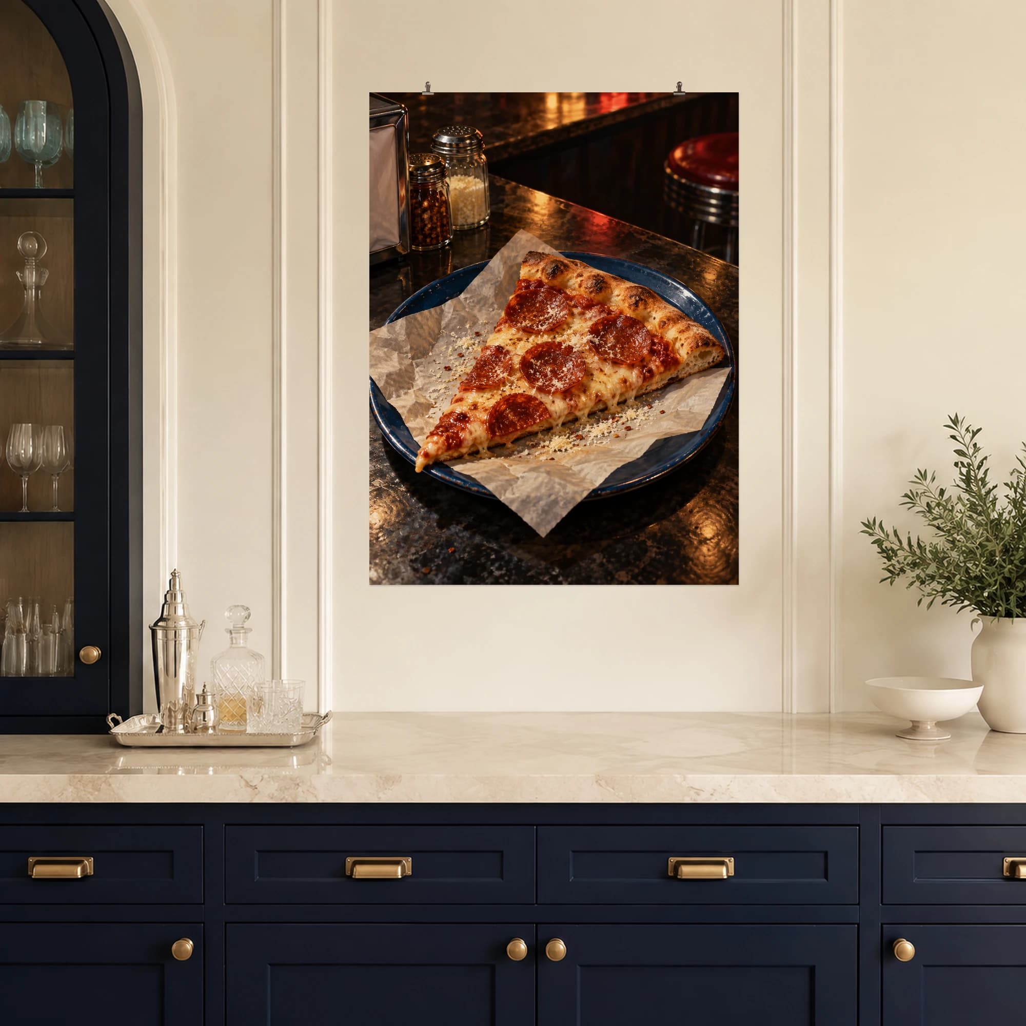 A pepperoni slice catches the warm glow of a late-night diner counter.